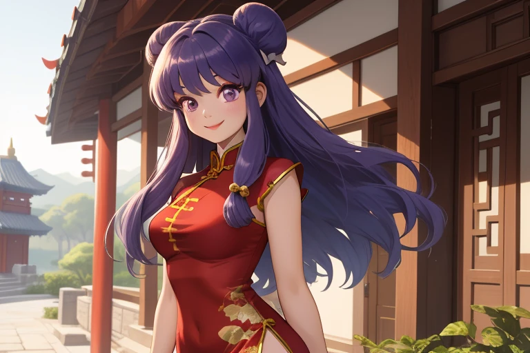  Masterpiece,  Best Quality , highres, F , 1 girl, Alone, purple eyes,  purple hair , hair bun, Campaign, double bun, jingle Campaign,  long hair, breasts, smile, blows,  hair ornament, bow, sideburns, Shampoo (ranma 1/2), dress, Chinese clothing, red china dress, cowboy shot,  arms behind the back ,  looking at the spectator, outdoors, Chana village, red dress