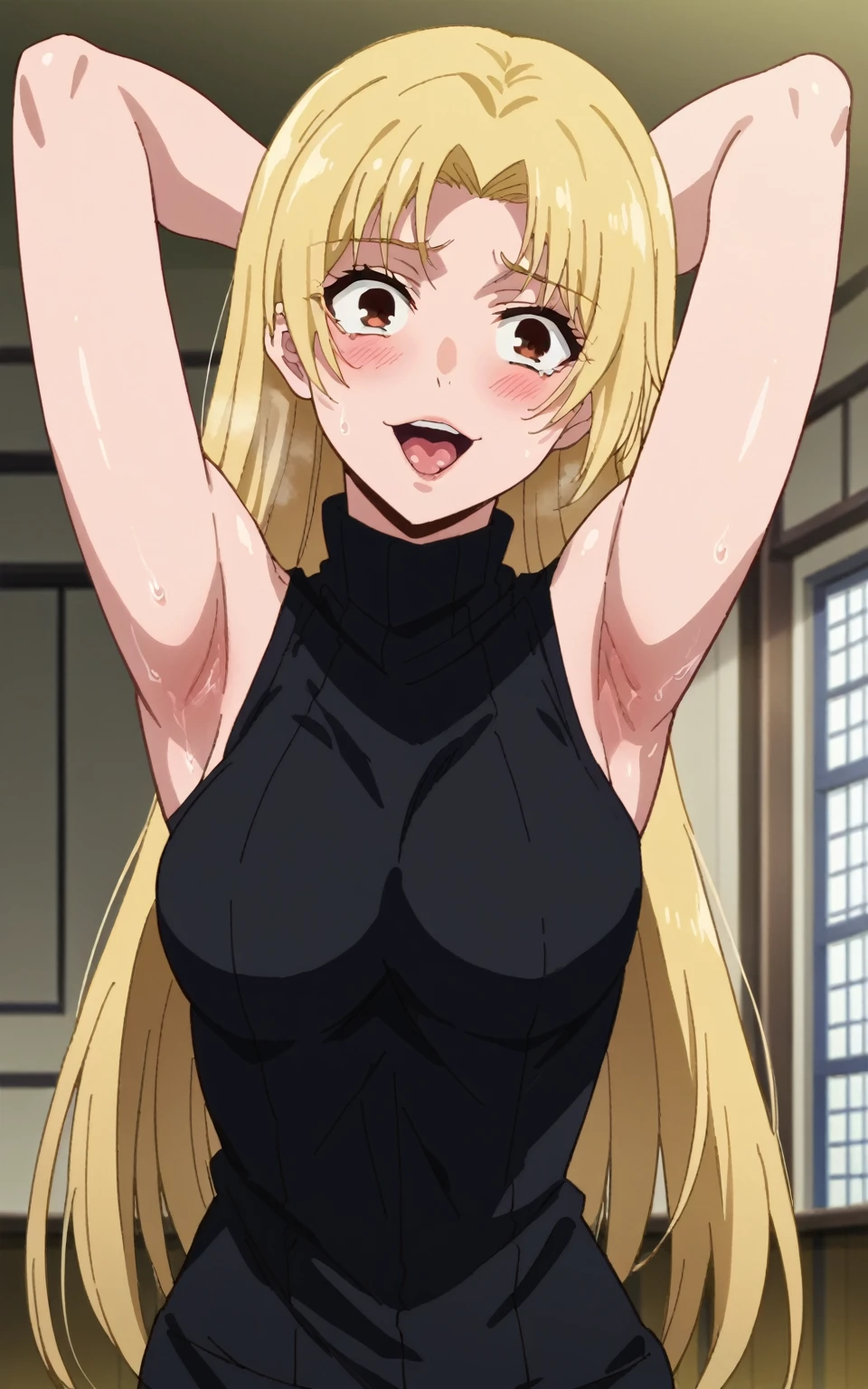 score_9, score_8_up, score_7_up, source_anime, anime screencap, 1girl, solo, yuki tsukumo, long hair, brown eyes, blonde hair, parted bangs, bare shoulders, bare arms, arms behind head, armpits, looking at viewer, head towards viewer, ahegao face, badhandv4, indoors, opened mouth, black sweater, sleeveless sweater, ribbed sweater, turtleneck, sweaty armpits