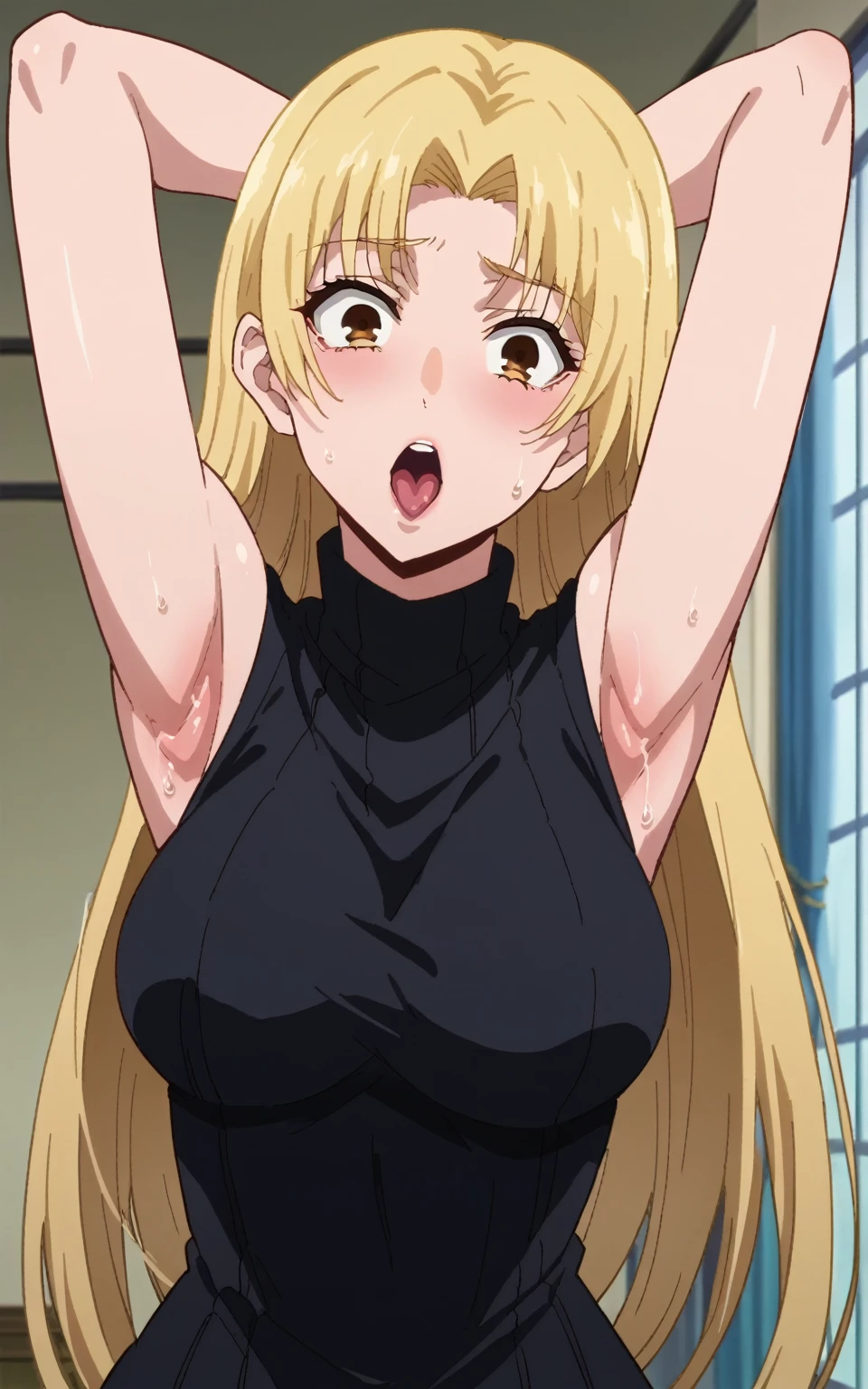 score_9, score_8_up, score_7_up, source_anime, anime screencap, 1girl, solo, yuki tsukumo, long hair, brown eyes, blonde hair, parted bangs, bare shoulders, bare arms, arms behind head, armpits, looking at viewer, head towards viewer, ahegao face, badhandv4, indoors, opened mouth, black sweater, sleeveless sweater, ribbed sweater, turtleneck, sweaty armpits