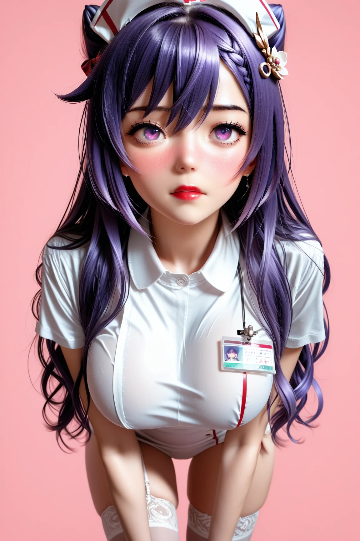 1 very young japanese girl, keqing from genshin impact, purple hair, purple eyes, length hair, blushing, Shy, Red lips, pale face, close up shot, Sweet, big breasts, best quality, ((masterpiece)), (detailed), vintage, elegant, sophisticated, big expressive eyes, ulzzang, high school girl、Slender、Slender body、asian high school girl, solid pink background, heavy blushing, submissive, sexy pose,  nurse uniform, slender legs, thigh highs, skinny, from below, 
