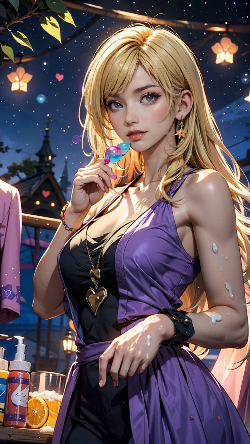  blowing soap bubbles under the stars 、 anime-style bright blond girl with purple eyes