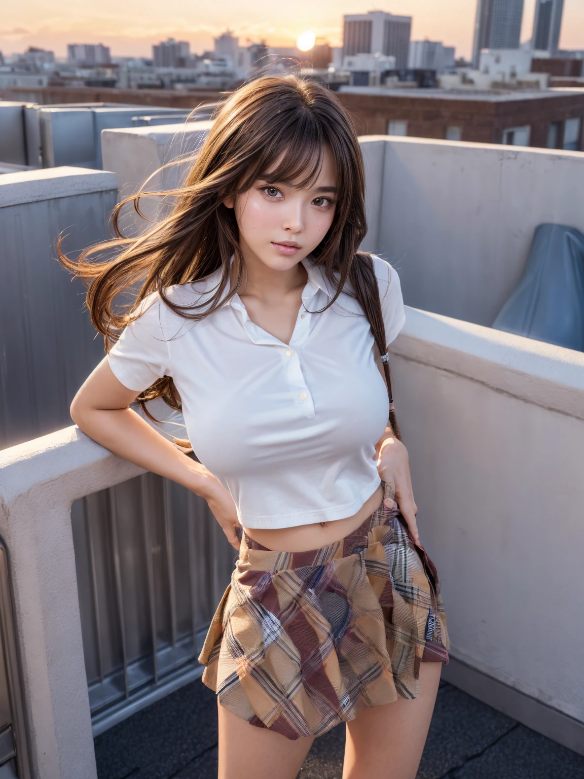 Female college student、22 years old、solo、(Browsing Caution:1.3), ((masterpiece)), ((Highest quality)), (Very detailedな), ((cute)), cute, (Lovely), ((Very detailed)), 4K, (8K), Highest quality, (beautiful), hyper cute face, shape, hyper Genuineistic, Genuine, (((From below))), whole body, Between the skyscrapers, (1 Girl, cute girl:1.5), (Female college studentのファッション:1.5),(Polo shirt、Pleated skirt)、((White panties))、sneakers、 beautiful light brown hair, beautiful brown eyes, ((beautiful eyes)), (the wind is strong, Hair is shaking,  The skirt is flipped up and the underwear is visible:1.3), short hair, (((Big Breasts))), ((Device tick type))、(While wearing (Showing panties to the camera))、