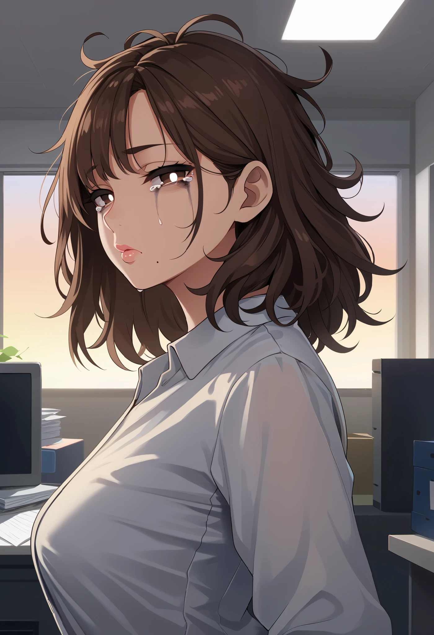 cowboy shot, from side, mature female, brown hair, medium hair, bangs, [messy hair], brown eyes, white pupils, lips, half-closed eyes, mole under mouth, expressionless, medium breasts, loose clothes, office lady, score_9, [crying], runny makeup, looking at viewer, indoors, office messy room, sunset