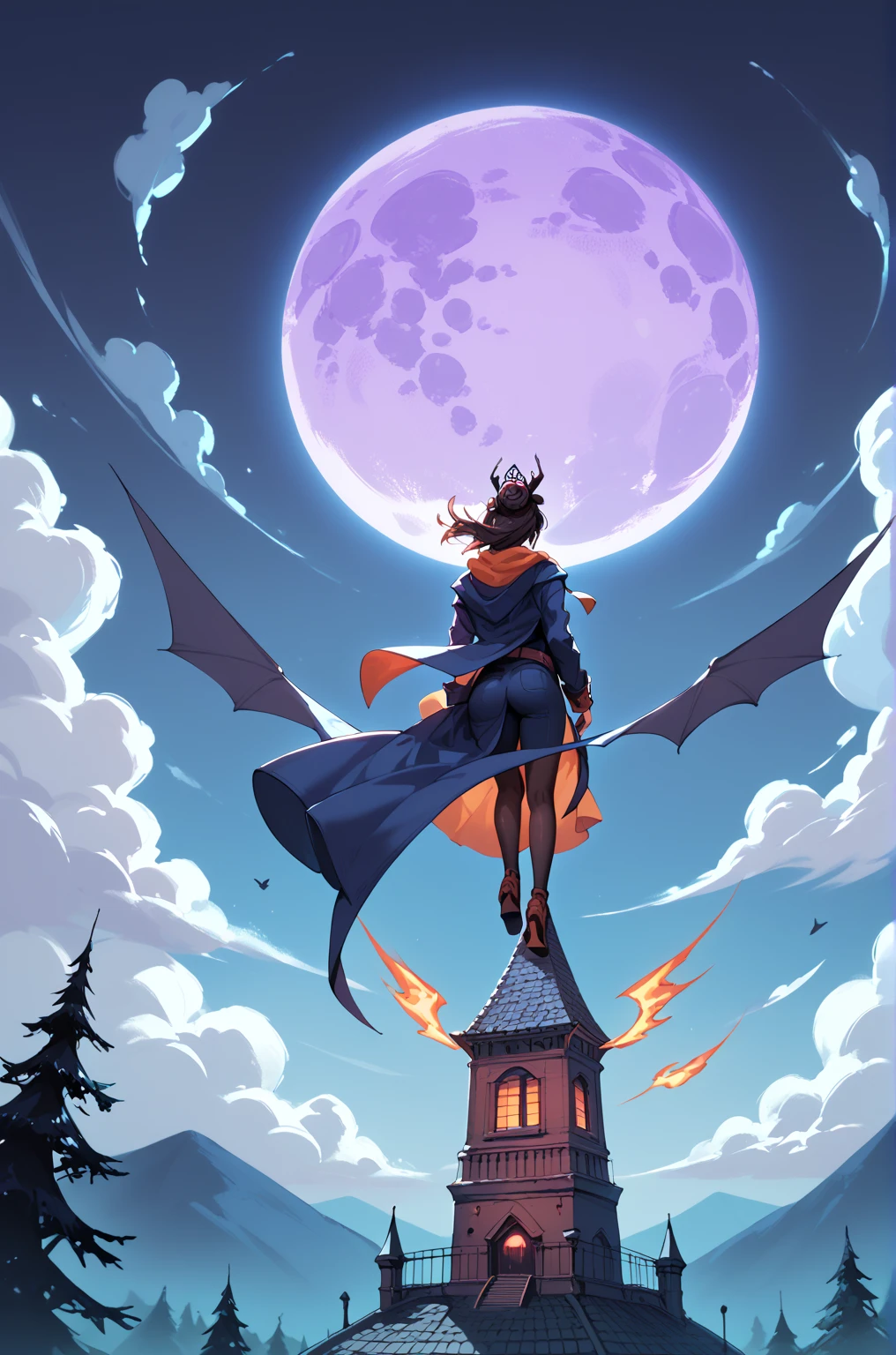  one woman　Tower entrance 　Female magician　 rear view dead tree　creepy dark night sky 　 cloudy sky　Purple Moon Among the Clouds 　In the mountains　 Gorgeous Very Tall Tower 　 Bats Are Flying 　 dragons are flying　 Surrounding Fire 　