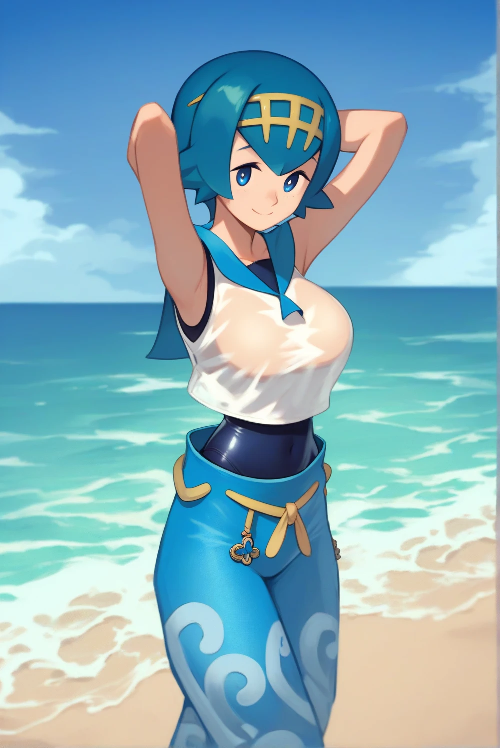 score_9, score_8_up, score_7_up, score_6_up, Alone, 1 Lana 1 ,  blue hair,  short hair,  blue eyes,  2 Default 2 ,  yellow hair band , swimsuit underwear,  white shirt,  sleeveless shirt,  sailor color,  blue pants ,  roomy pants ,  Cowboy Shot , smile,  Beach ,  wave pattern pants, big breasts, Under the arms,  hands behind the head ,  transparent swimsuit,  sheer clothes , 