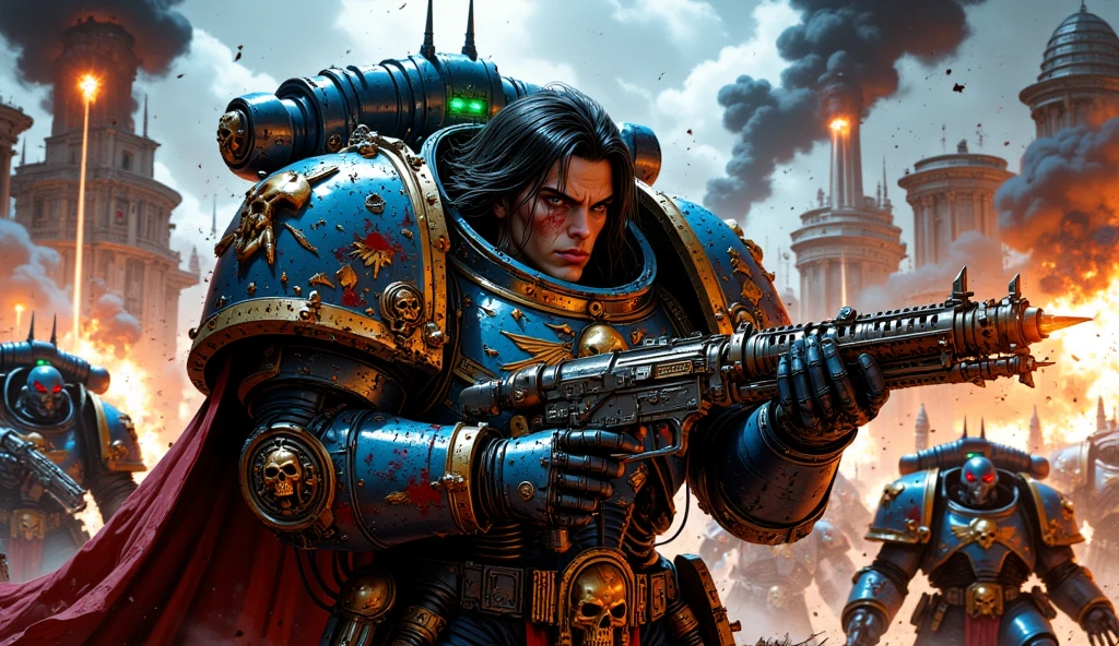 A hyper-realistic, cinematic image of a Warhammer 40,000 Ultramarine Space Marine, standing tall amidst a brutal and chaotic battle against the Necrons. The Marine’s face is the focal point—rugged, battle-worn, and visibly exhausted, with black, sweat-soaked hair matted to his blood-splattered forehead. His eyes are hollow yet fierce, reflecting the toll of endless war, his expression one of anguish and unrelenting determination.

He is clad in heavily damaged blue and gold power armor, with deep scratches, dents, and shattered purity seals fluttering in the smoky wind. His bolter is mid-fire, glowing muzzle flashes illuminating his scarred face, and spent shells ejecting from the weapon, suspended mid-air. Smoke curls from the bolter barrel, and his armored gauntlets are bloodstained and scorched.

Around him, the battlefield is alive with carnage and motion. Necrons—metallic, skeletal warriors with glowing green eyes and gauss weapons—are advancing relentlessly. One Necron is disintegrating mid-explosion, its twisted metallic body shattering into glowing fragments. Others fire their iconic green energy beams, slicing through the dust and smoke-filled air, while some are in the midst of attacking fallen Ultramarines. The ground is soaked in blood, scattered with shattered Necron remains, broken armor, and lifeless bodies of Space Marines.

In the background, massive explosions erupt, sending debris, fire, and smoke billowing into the sky. The fiery glow of the battlefield contrasts with the sharp green illumination of the Necron weapons. Embers, dust, and ashes fill the air, adding to the suffocating sense of chaos. Motion blur enhances the sense of dynamic combat—plasma bolts, energy beams, and debris flying past the camera lens as though captured mid-action.

The Marine’s black hair, drenched in sweat and dirt, frames his sharp, pained features. The scene feels gritty, raw, and intensely realistic, as if captured by an iPhone camera in the midst of a blood-soaked