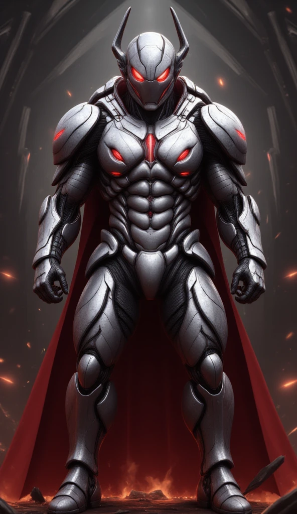  is possessed by a demon, a holy knight commander.A full-body image of an adult male . muscular body . wearing sacred white gold holy knight armor . Eyes Deep Red . standing inside a mysterious black and red church.Bold composition . full body image A deep red glow in the eyes。 He boldly stands in a mysterious black and red church ， composition underlines his majestic presence 。 lights are very striking ， shadows cast by him highlight his armor and the church's bizarre atmosphere ，Mecharobot，robot，Mecha， Cyberpunk 