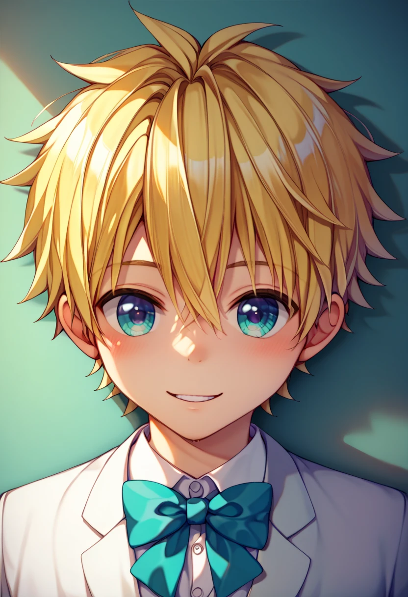 uncensored, nsfw,anime、  top quality 、  very detailed bust、Detailed 、 Perfect whole body, perfect overview、Front View、Alone、{( one boy、Beautiful Boy、Shota、cute、Blonde、Formal Wear、 Friendly Smiles )}