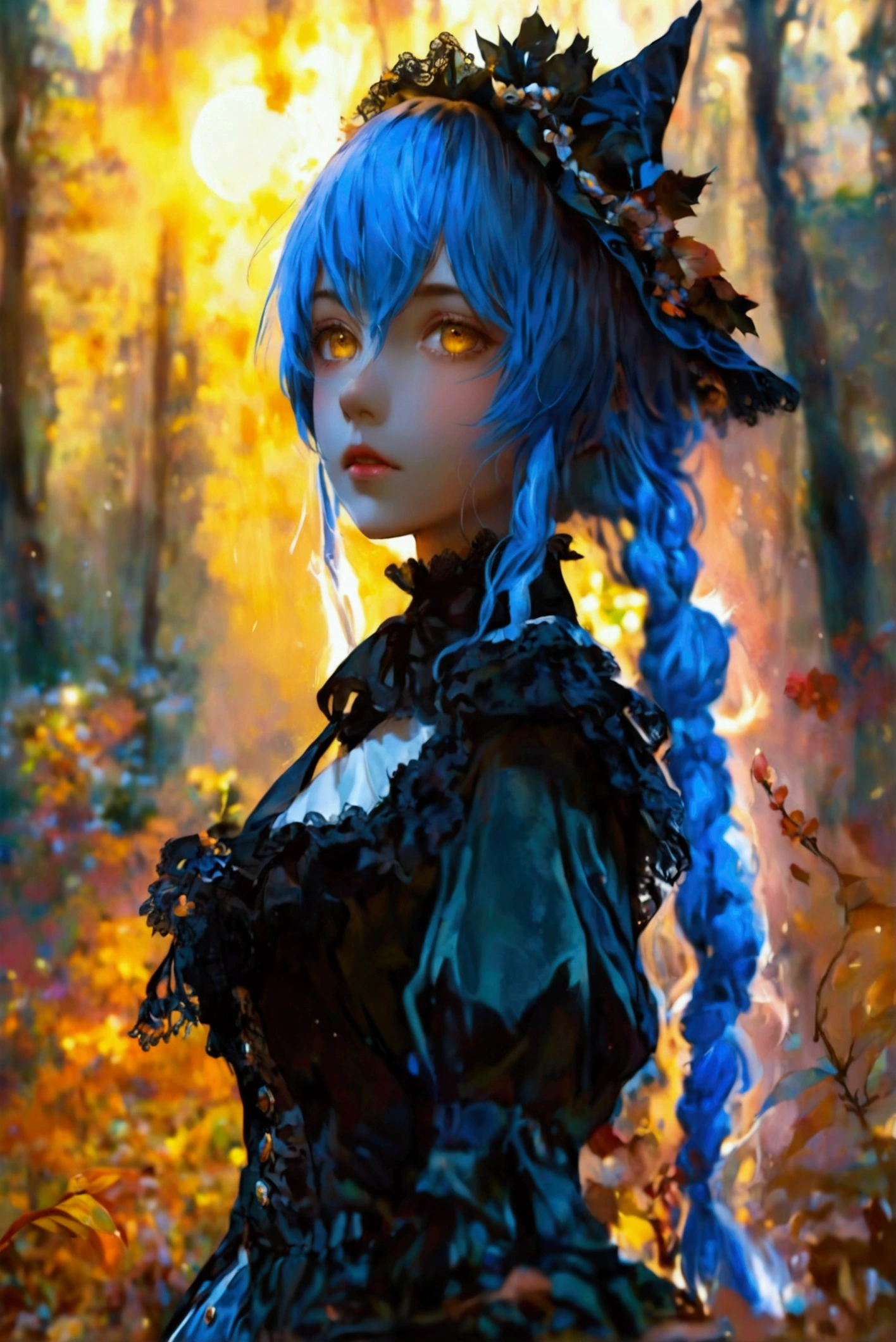  Anime witch vtuber design , tomboy,  yellow eyes , black victorian costume with floral decorations,  shorts, elegant jacket , very long blue hair,  with straight bangs . She is in a misty forest ,  with a beautiful sunrise in the background .
