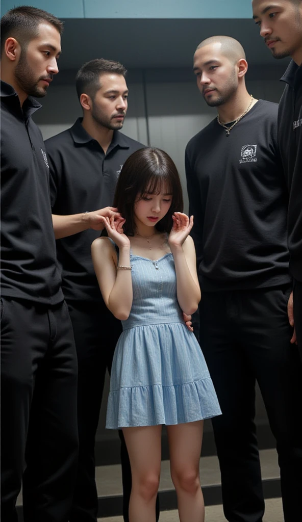 NSFW, dynamic,
realistic, Press photo, Documentary Technique, Very clear image,HDR,
(full body visible:1.5), 

1girl, 3guy,

A Korean beauty idol is captured by a korean gang and surrounded by men who look like they're ruthless,
The girls are smaller than the guys, and didn't even reach the men's shoulders,
the girl is lowteen,
The girl's skin is translucently white,
the girl's hair is pur black twintails,
her name is Arin,

A man with a shaved head, a muscular man, a man wearing a thick necklace of bacteria,
a man has tattoo,

Rough men,
the men are treating the girl roughly,
The girl's costume is a light blue mini dress,
The girl's dress is sleeveless,
the girl is terribly frightened,
The girl's eyes are wide with fear,
The girl is frightened, cowering,
the girl trembling looking up at the men,
The girl is begging the men to pray,
The girl was subjected to violence,
the men assaulted her,

gang office,