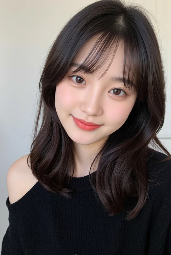 cropped woman with bangs and a black sweater posing for a photo Joy Red Velvet, Park Soo-young do Red Velvet , portrait of Park Soo-young do Red Velvet, Park Soo-young do Red Velvet, joy do Red Velvet , Joy Red velvet , Mulher sul-coreana bonita. selfie shot.