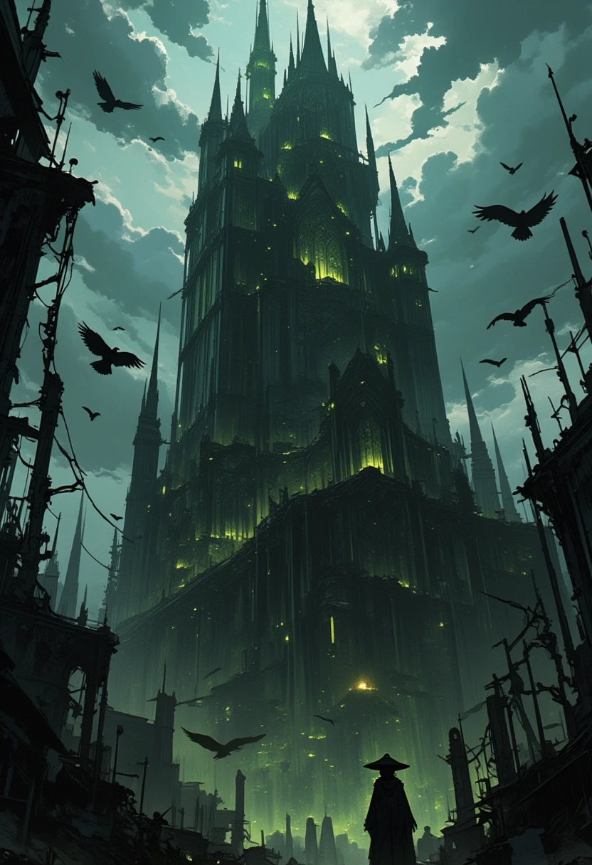 A dark and mysterious witch tower, intricate gothic architecture, moody atmosphere, glowing lights, ravens, crumbling walls, twisted vines, ominous clouds, dramatic lighting