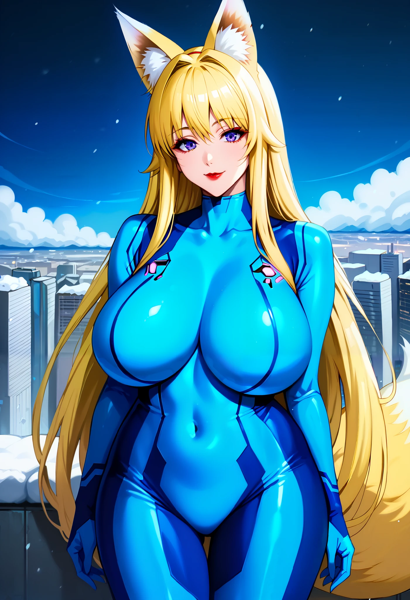 score_9, score_8_up, score_7_up, 1girl, milf, solo, monster girl, kitsune, minamoto chizuru, (huge breasts:1.5), (((blonde hair), very long hair, long sidelocks, purple eyes, bangs, fox ears, fox tail)), red lips, ((samusarancosplay, samus aran \(cosplay\), blue bodysuit, bodysuit, covered navel, skin tight, zero suit)), ((light smile), closed mouth), ((looking at viewer, futuristic cityscape, winter, snowy, night))