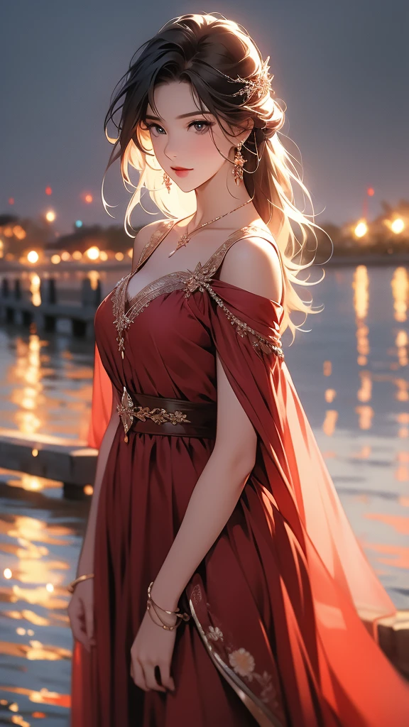 breathtaking 1girl, standing on shallow water, dark moonless sky background, dress hems floating gently on the surface of the water, glowing body, in dark, neon lamp gemshadow celestial maiden robe , masterpiece, award-winning, professional, highly detailed,