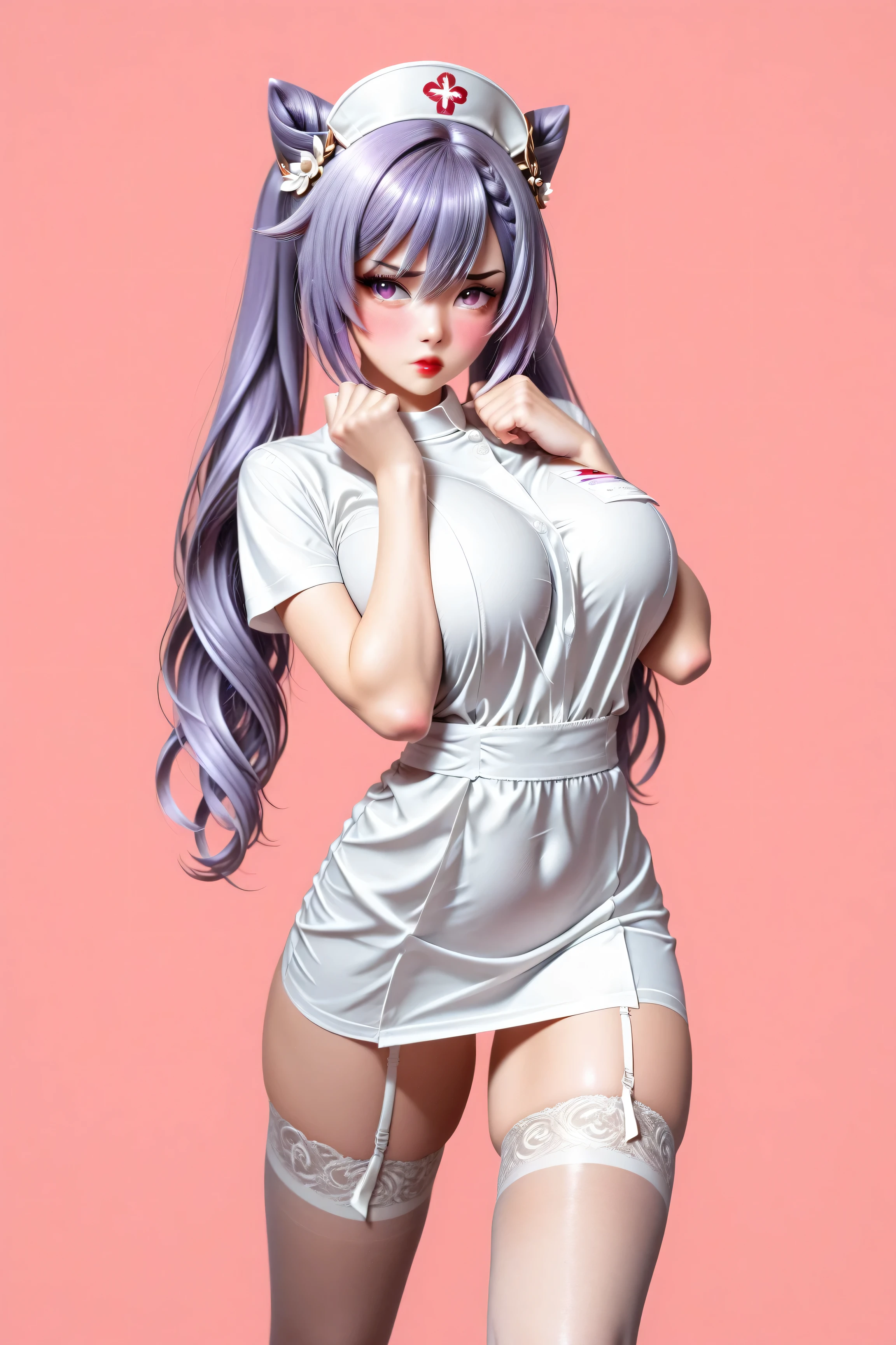 1 very young japanese girl, keqing from genshin impact, purple hair, purple eyes, length hair, blushing, Shy, Red lips, pale face, Sweet, big breasts, best quality, ((masterpiece)), (detailed), vintage, elegant, sophisticated, big expressive eyes, ulzzang, high school girl、Slender、Slender body、asian high school girl, solid pink background, heavy blushing, submissive, sexy pose,  nurse uniform, slender legs, thigh highs, skinny, standing, 
