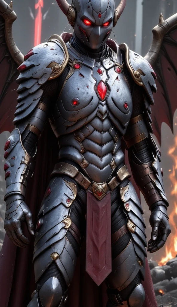  is possessed by a demon, a holy knight commander.A full-body image of an adult male . muscular body . wearing sacred white gold holy knight armor . Eyes Deep Red . standing inside a mysterious black and red church.Bold composition . full body image A deep red glow in the eyes。 He boldly stands in a mysterious black and red church ， composition underlines his majestic presence 。 lights are very striking ， shadows cast by him highlight his armor and the church's bizarre atmosphere ，Mecharobot，robot，Mecha， Cyberpunk 