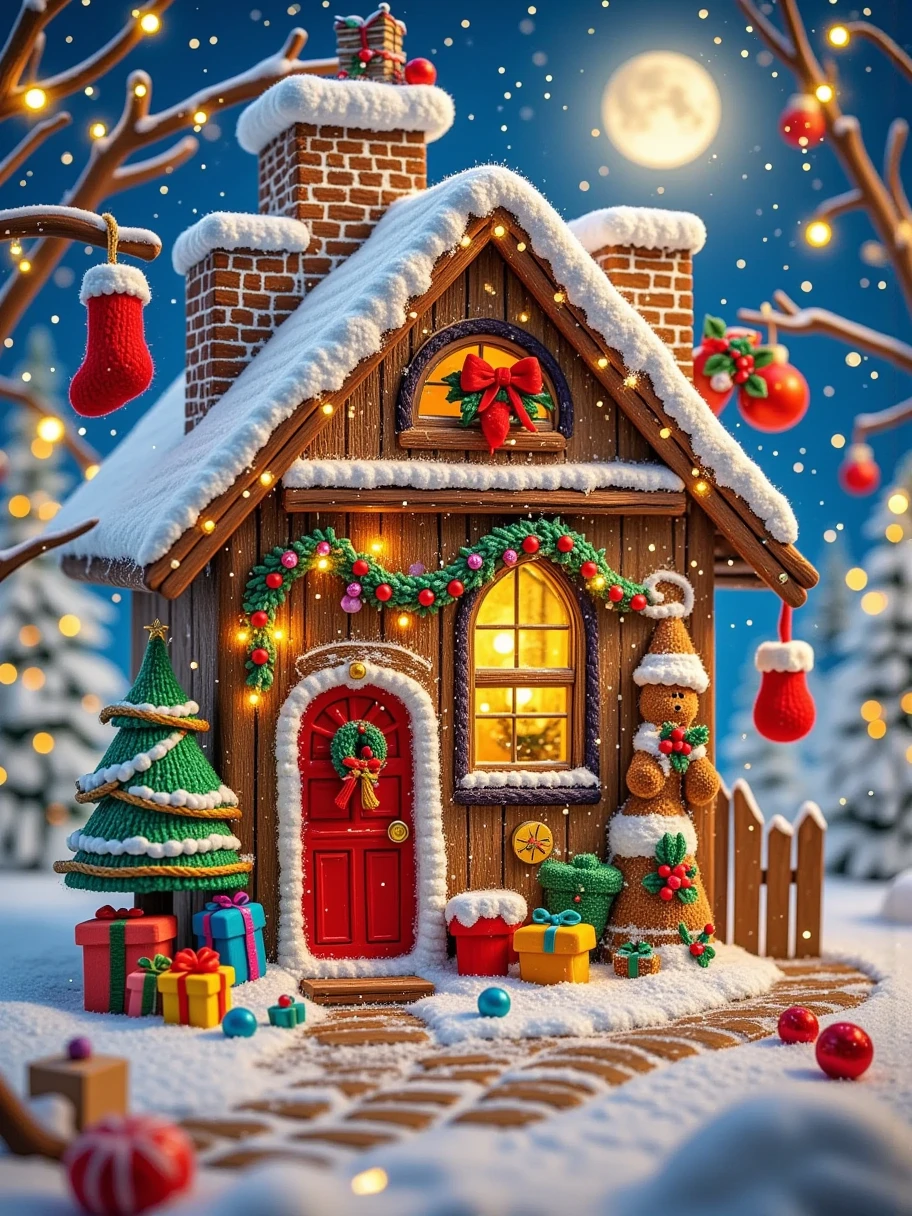 Woolen yarn, hand woven, Micro Landscape, (tmasterpiece), (ultra-detailed:1.3), Best quality, (Sparkling:1.2), (Christmas courtyard in a dreamy fairy tale:1.4), (Van Gogh style door Christmas decoration lower ring: 1.7), (The moon is empty), ((Delicious sweets, Christmas tree, gifts, Christmas stockings, cute gingerbread man, chocolate house splash)), Illustration style, and decorations, Fantasy Christmas Garden, Lovely design style, natta, snow field, moon full, vivid color, ((Whimsical and charming fantasy)), Surreal portrait, (Fantasy themed Christmas cabin), (Whimsical Christmas Accessories), (Colorful, Landscape full of candy), (enchanting, magical Christmas tree), (A vibrant one, Candy-colored courtyard), (Candy Road), (Candy Cottage) in distance, (Like a mirror, asymmetrical masterpiece clock accessories), (Rich, fantastic colors), (Twinkling stars) Elevated, (four dimensional dream), (Charming and charming atmosphere), (Playful composition), (Vivid lighting effects), 1.4x more realism, hyper HD, Shown in this beautiful scene, (Very meticulous, Reasonable design, Clear lines, High-shar), 1mxsdfg1