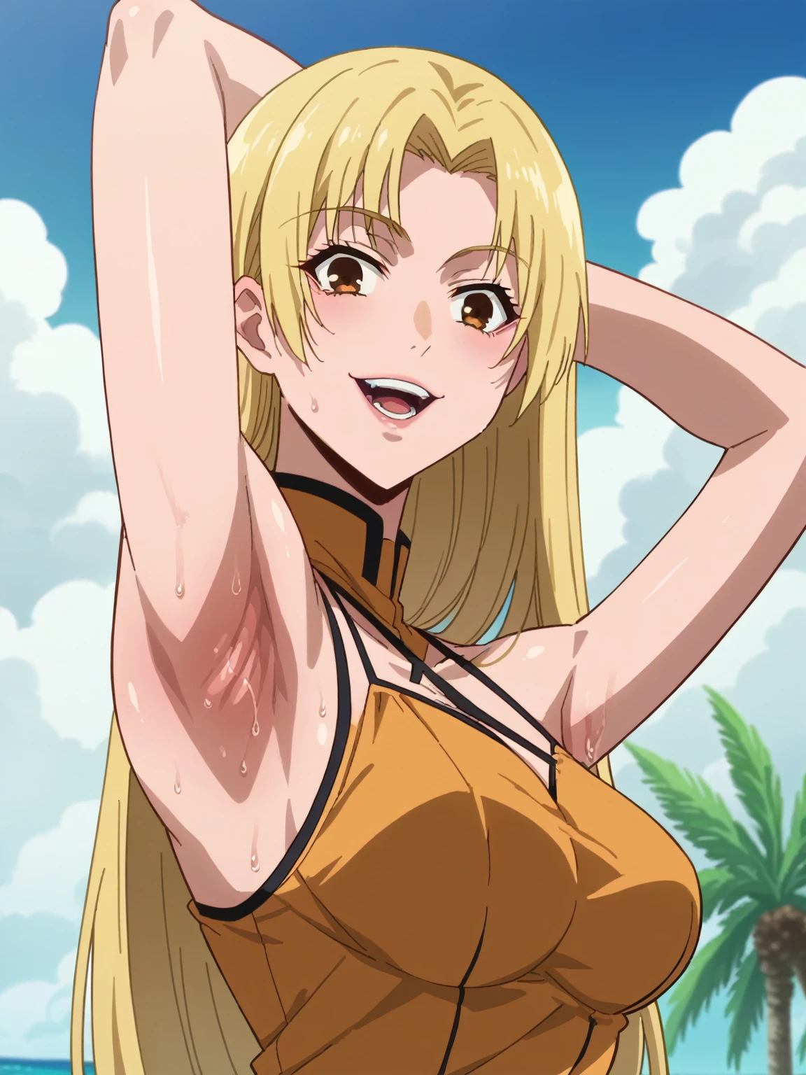 score_9, score_8_up, score_7_up, source_anime, anime screencap, 1girl, solo, yuki tsukumo, long hair, brown eyes, blonde hair, parted bangs, bare shoulders, bare arms, arm behind head, armpit, looking at viewer, head towards viewer, smile, badhandv4, outdoors, opened mouth, teeth, slinhshot bikini, beach, from side, from below, sweaty armpits