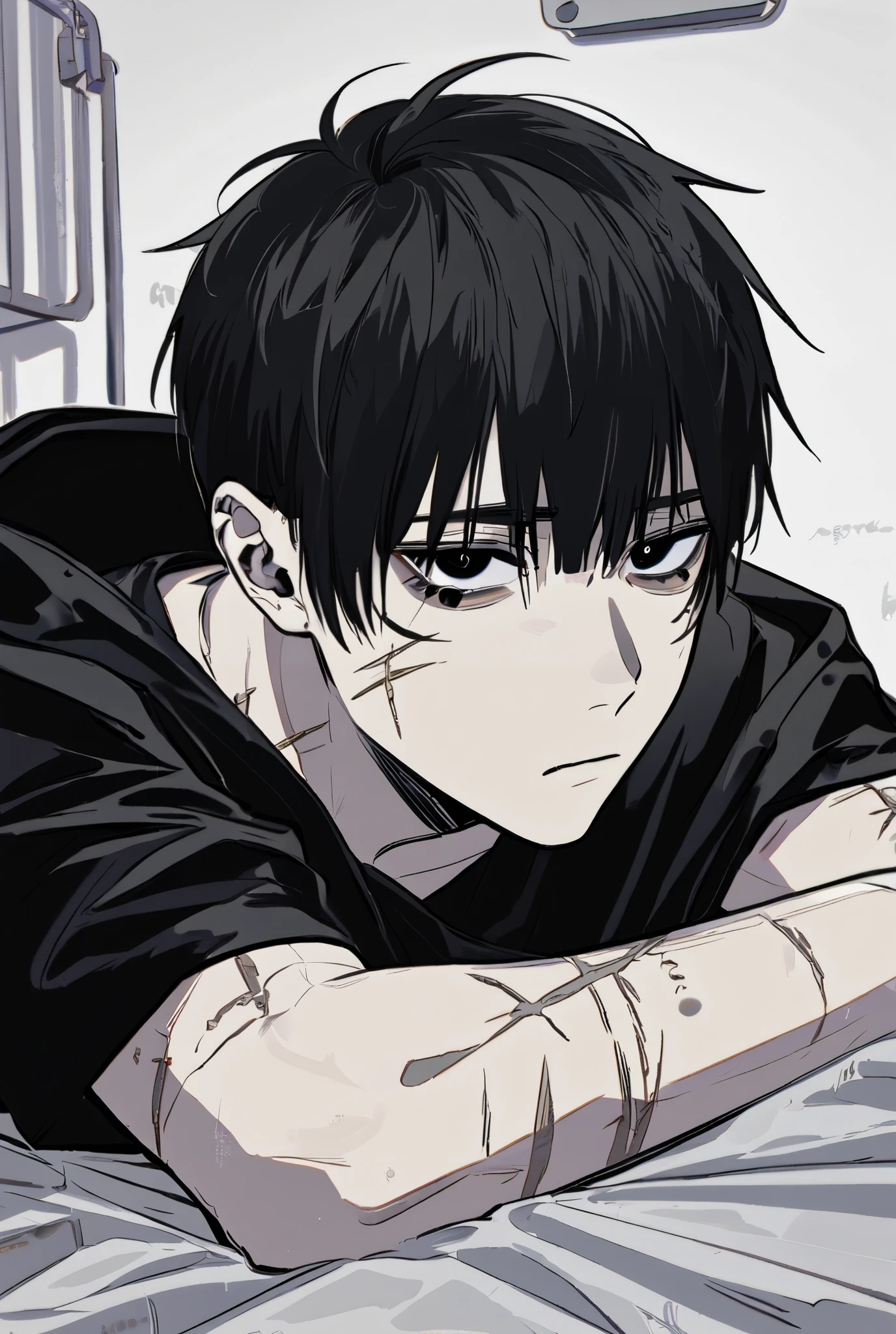 1boy, Solo, Looking at viewer, Black Hair, bangs in the middle of the eyes, wolf cut, Serious, Depressed, Long Eyelashes, Dark circles under the eyes, emo style, scars on arms, wearing black clothes, Lightly muscular, in a gamer bedroom