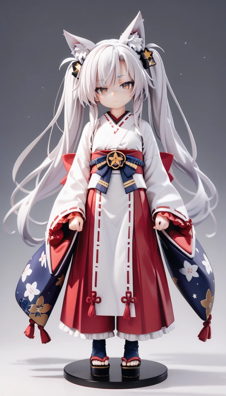 Musashi, Japanese legend, li, sleepy, standing, looking at viewer, long hair, white hair, with star-shaped irises, big eyes, short, frilled clothing, miko, with a bow, with fox ears, with fox tail, , full body shot, solid gray background