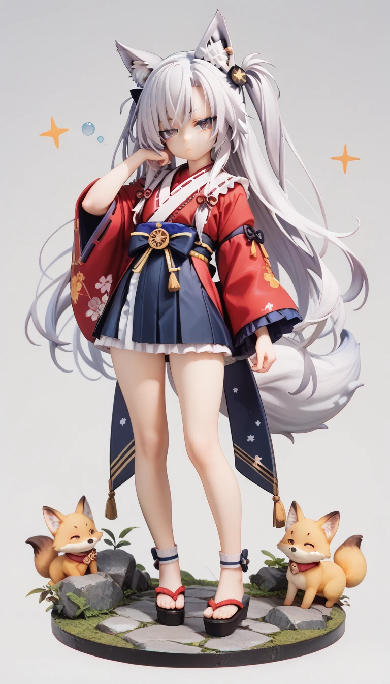 Musashi, Japanese legend, li, sleepy, standing, looking at viewer, long hair, white hair, with star-shaped irises, big eyes, short, frilled clothing, miko, with a bow, with fox ears, with fox tail, , full body shot, solid gray background