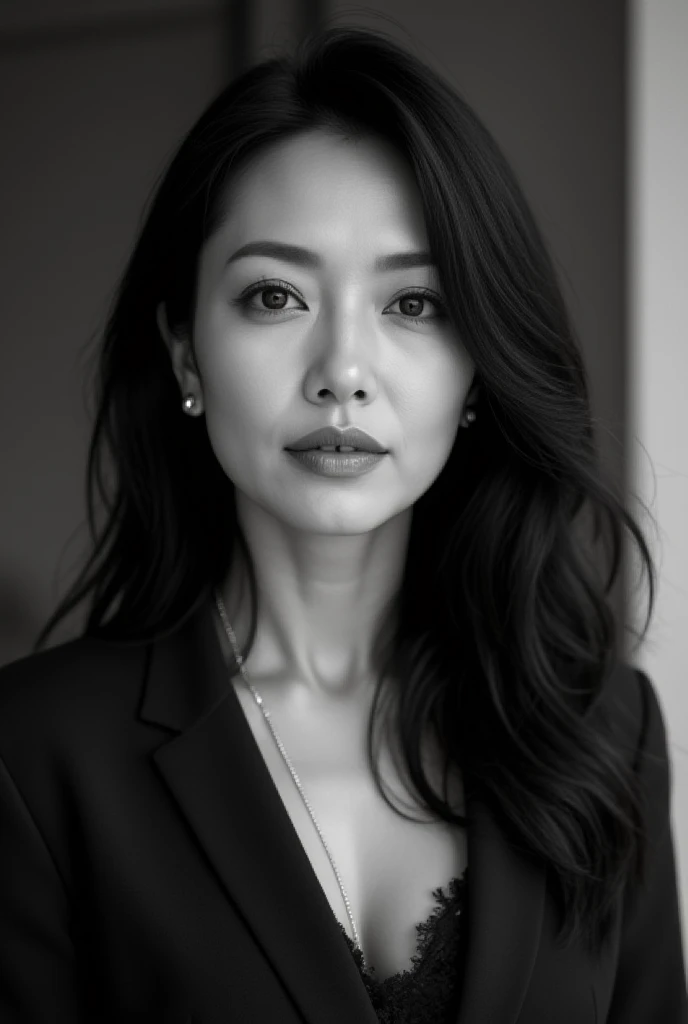 Mature Woman, ( detailed description of hair ), (Detailed description of the face), (Detailed description of the body), high definition , masterpiece,  top quality,  high detail, formal: 1.4), ( realistic : 1.2, 超 realistic な: 1.1,  realistic: 1.37), ( sharp focus: 1.4),  is written by,  physically-based rendering,  wavy hair , ,  unrivaled beauty , (Ultimate beauty), (lipstick:1.1), ( eyeliner :1.2), ( mascara), ( Eye Shadow ), (48 years old,: 1.4), Japanese、 closeup 、 fine lines of laughter :1.2、seductive smile,,(black and white photography:1.5), sweater 