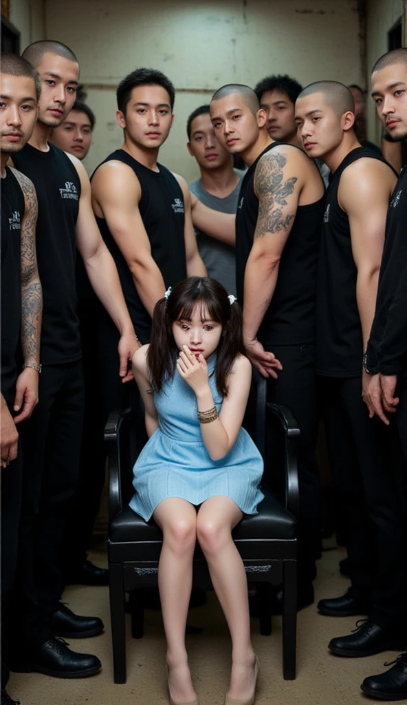 NSFW, dynamic,
realistic, Press photo, Documentary Technique, Very clear image,HDR,
(full body visible:1.5), 

1girl, 3guy,

A Korean beauty idol is captured by a korean gang and surrounded by men who look like they're ruthless,
The girls are smaller than the guys, and didn't even reach the men's shoulders,
the girl is teen,
The girl's skin is translucently white,
the girl's hair is pur black twintails,
her name is Arin,

A man with a shaved head, a muscular man, a man wearing a thick necklace of bacteria,
a man has tattoo,

Rough men,
the men are treating the girl roughly,
The girl's costume is a light blue mini dress,
The girl's dress is sleeveless,
the girl is terribly frightened,
The girl's eyes are wide with fear,
The girl is frightened, cowering,
the girl trembling looking up at the men,
The girl is begging the men to pray,
The girl was subjected to violence,
the men assaulted her,

gang office,