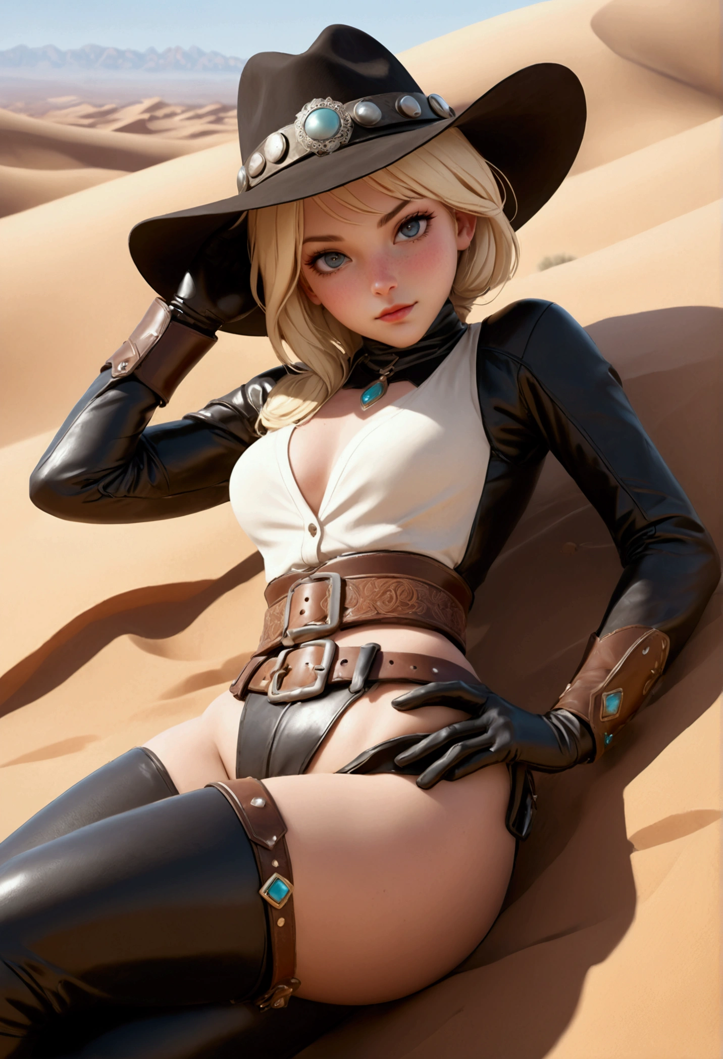 western setting, cinematic photography, closeup, upper body shot, view from above, vast desert landscape, stunning blonde woman laying on her back, looking at viewer, (Frogtie pose, bound, spread legs:1.1), no panties, no pants, thigh high leather boots, wide-brimmed Stetson hat, ornate belt with a decorative buckle, (detailed pussy:1.1), hairy pussy, subsurface scattering, oily skin,(glossy skin:1.1), high contrast,  American West, large-format view camera  