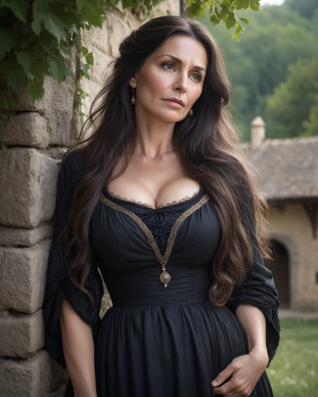 a portrait photograph of a pretty mid-age female, beautiful realistic photo, Look at 4K highly detailed art,  blush,  Big Breasts , look up, medieval European rural woman with dark hair,   very long hair,  widow、Mourning clothes、Solemn, 