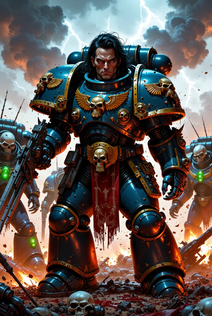 A hyper-realistic, cinematic image of a Warhammer 40,000 Ultramarine Space Marine, standing tall amidst a brutal and chaotic battle against the Necrons. The Marine’s face is the focal point—rugged, battle-worn, and visibly exhausted, with black, sweat-soaked hair matted to his blood-splattered forehead. His eyes are hollow yet fierce, reflecting the toll of endless war, his expression one of anguish and unrelenting determination.

He is clad in heavily damaged blue and gold power armor, with deep scratches, dents, and shattered purity seals fluttering in the smoky wind. His bolter is mid-fire, glowing muzzle flashes illuminating his scarred face, and spent shells ejecting from the weapon, suspended mid-air. Smoke curls from the bolter barrel, and his armored gauntlets are bloodstained and scorched.

Around him, the battlefield is alive with carnage and motion. Necrons—metallic, skeletal warriors with glowing green eyes and gauss weapons—are advancing relentlessly. One Necron is disintegrating mid-explosion, its twisted metallic body shattering into glowing fragments. Others fire their iconic green energy beams, slicing through the dust and smoke-filled air, while some are in the midst of attacking fallen Ultramarines. The ground is soaked in blood, scattered with shattered Necron remains, broken armor, and lifeless bodies of Space Marines.

In the background, massive explosions erupt, sending debris, fire, and smoke billowing into the sky. The fiery glow of the battlefield contrasts with the sharp green illumination of the Necron weapons. Embers, dust, and ashes fill the air, adding to the suffocating sense of chaos. Motion blur enhances the sense of dynamic combat—plasma bolts, energy beams, and debris flying past the camera lens as though captured mid-action.

The Marine’s black hair, drenched in sweat and dirt, frames his sharp, pained features. The scene feels gritty, raw, and intensely realistic, as if captured by an iPhone camera in the midst of a blood-soaked