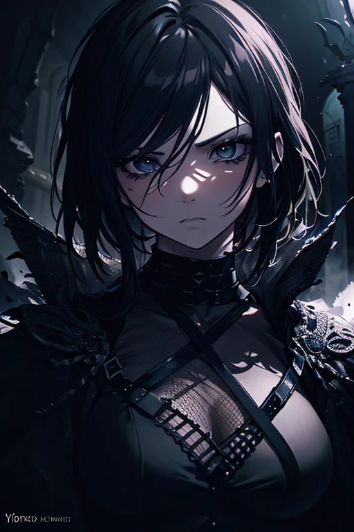 (a girl with) Aura-like gothic lighting, realistic Gothic-style artwork, detailed skeleton impaling itself with a sword in the neck, dark atmospheric background, high-res masterpiece:1.2, ultra-fine painting, professional, vivid colors