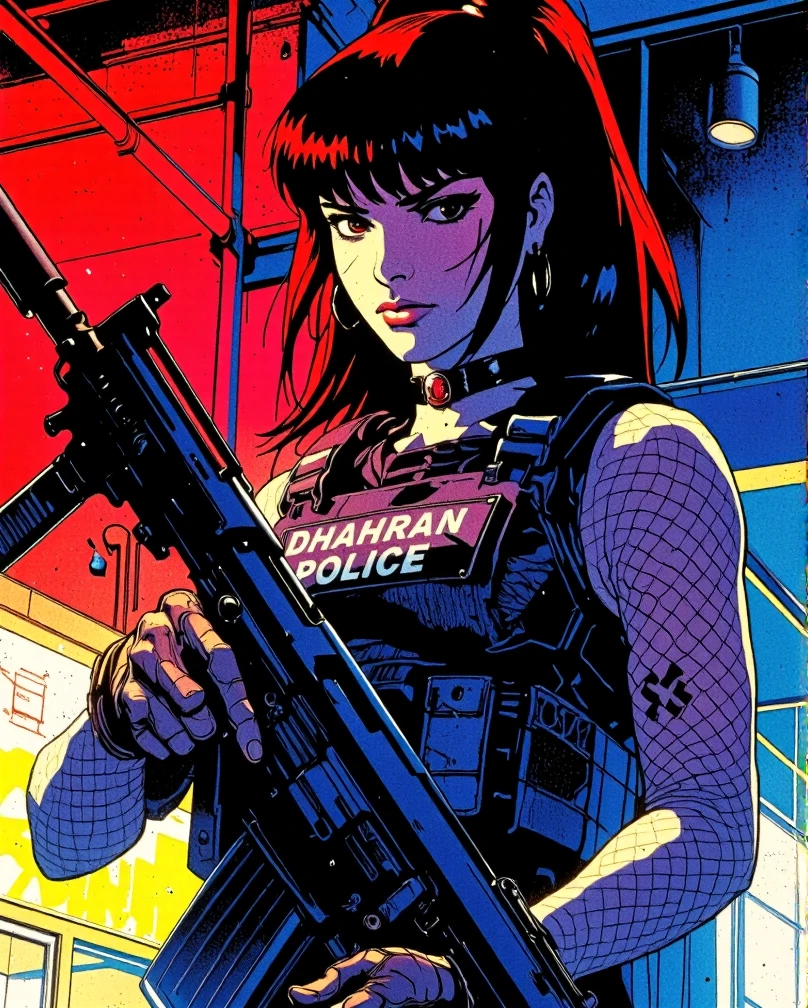 Art style by H. R. Giger, Art Style by Moebius, 


Movie poster of a young Saudi Arabian woman standing confidently in a dimly lit, neon-lit setting. She has black hair tied into a high ponytail, with long bangs framing her clear skin face. Her piercing, intense gaze draws attention, her dark eyeliner enhancing her sharp features. The aesthetic combines a tactical and edgy vibe. She wears a black tactical plate carrier, complete with pouches and straps, featuring a patch that reads "DHAHRAN POLICE" in bold white text on the chest. Her arms are clad in fishnet sleeves and fingerless gloves, while her outfit is sleek and form-fitting, exuding practicality and style. Around her neck is a black choker, adding a subtle gothic touch. She carries a tactical rifle with precision, her grip firm and confident, with every detail of the weapon meticulously rendered. The background is softly blurred, portraying the inside of a neon-lit fast-food restaurant. Bright red and blue neon signs cast dynamic, colorful highlights across her armor and face, adding depth and atmosphere. The scene captures a cinematic, cyberpunk-inspired aesthetic, with glowing reflections and sharp contrasts emphasizing her commanding presence. The overall style is painterly yet hyper-detailed, blending traditional illustration techniques with modern, neon-infused color palettes to bring out the vibrant yet gritty tone of the environment.
