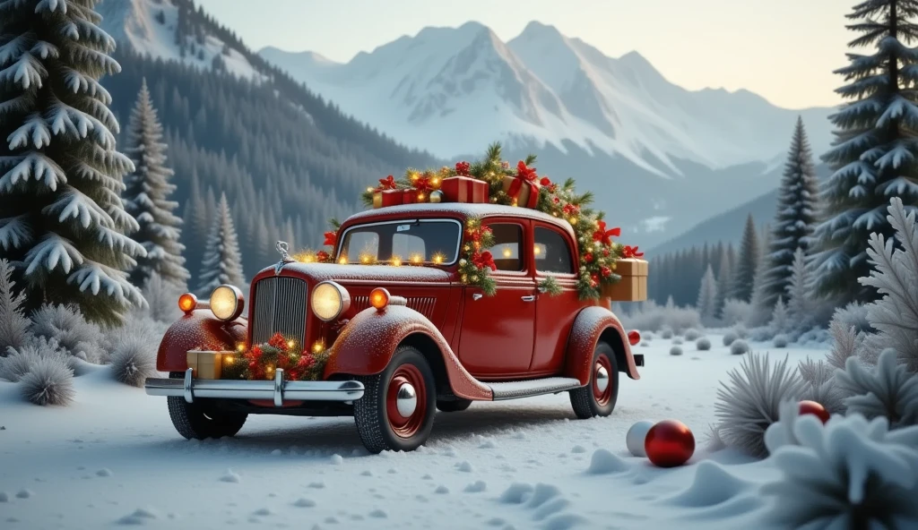 a car decorated by Christmas decorations, ornaments, fairy lights, garlands, ribbons, bells, bows, wreath, winter scenery, snowy landscape, mountains, pine trees, (best quality,4k,8k,highres,masterpiece:1.2),ultra-detailed,(realistic,photorealistic,photo-realistic:1.37),HDR,UHD,studio lighting,extreme detail description,professional,vivid colors,concept art