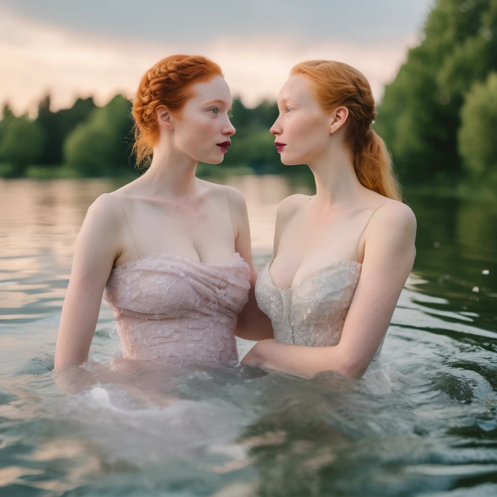 From above, a girl whispering into another girl's ear, overhead view , of a Pale Redhead younger ,  skinny, flat chested, wide hips, swiming in lac, Alphonse Mucha inspired, photorealistic, 8k, hyper detailed, high quality, best quality,4k,8k,highres,masterpiece:1.2,ultra-detailed,(realistic,photorealistic,photo-realistic:1.37 ,hyperrealistic,extremely detailed,intricate details,highly detailed