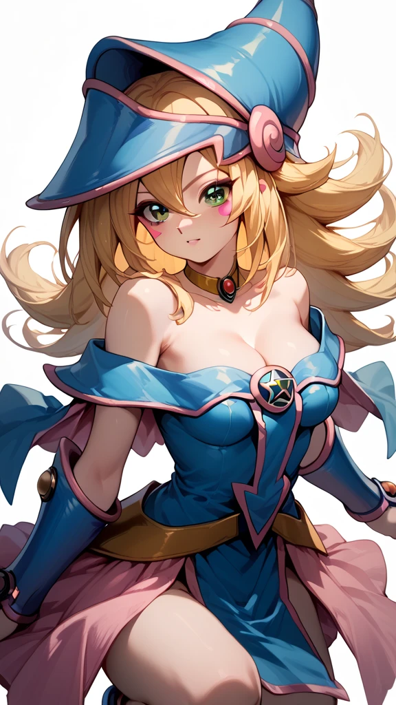 aadmg, long hair, blonde hair, hat, blue headwear, green eyes, blush stickers, breasts, choker, bare shoulders, cleavage, blue dress, vambraces, pelvic curtain, pink skirt,battle pose,