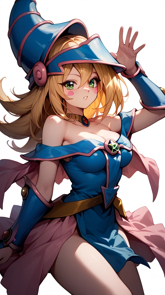 aadmg, long hair, blonde hair, hat, blue headwear, green eyes, blush stickers, breasts, choker, bare shoulders, cleavage, blue dress, vambraces, pelvic curtain, pink skirt,battle pose,