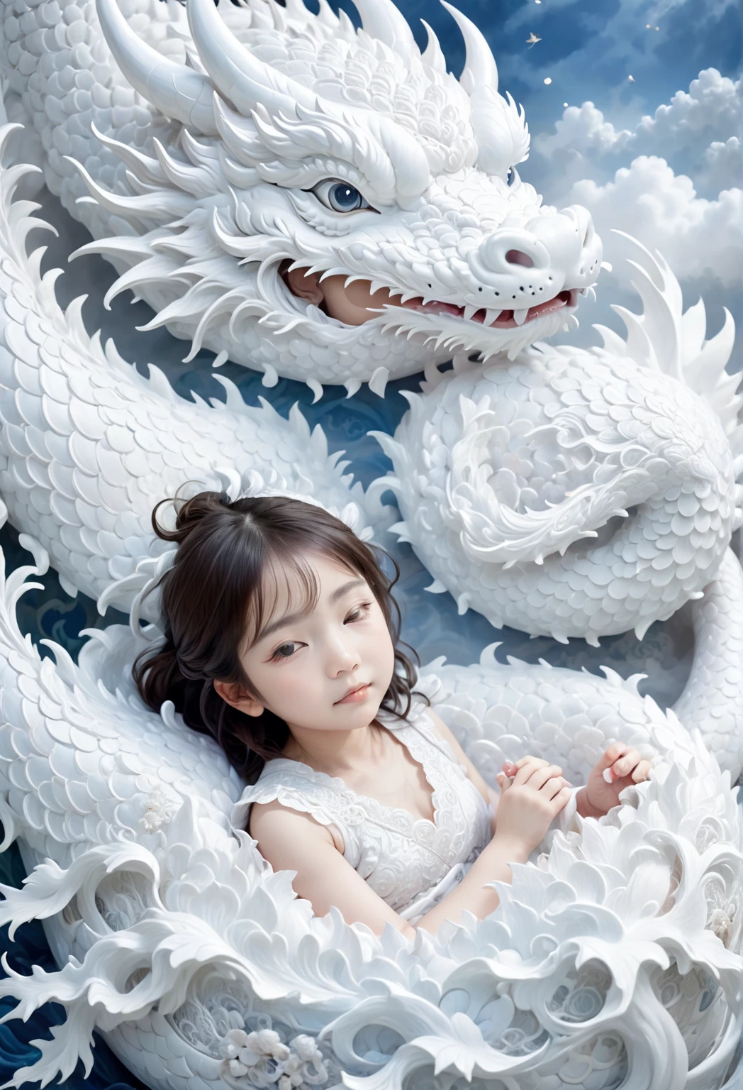 A two-year-old Chinese baby girl,Lovely, face round,Slept on a white dragon bed, a photorealistic painting by Ju Lian, shutterstock contest winner, Fantasy art, a dragon made of clouds, Chinese fantasy, lie on white clouds fairyland,Camera shot, Film style, Intricate and refined details, high qulity,japanaese girl