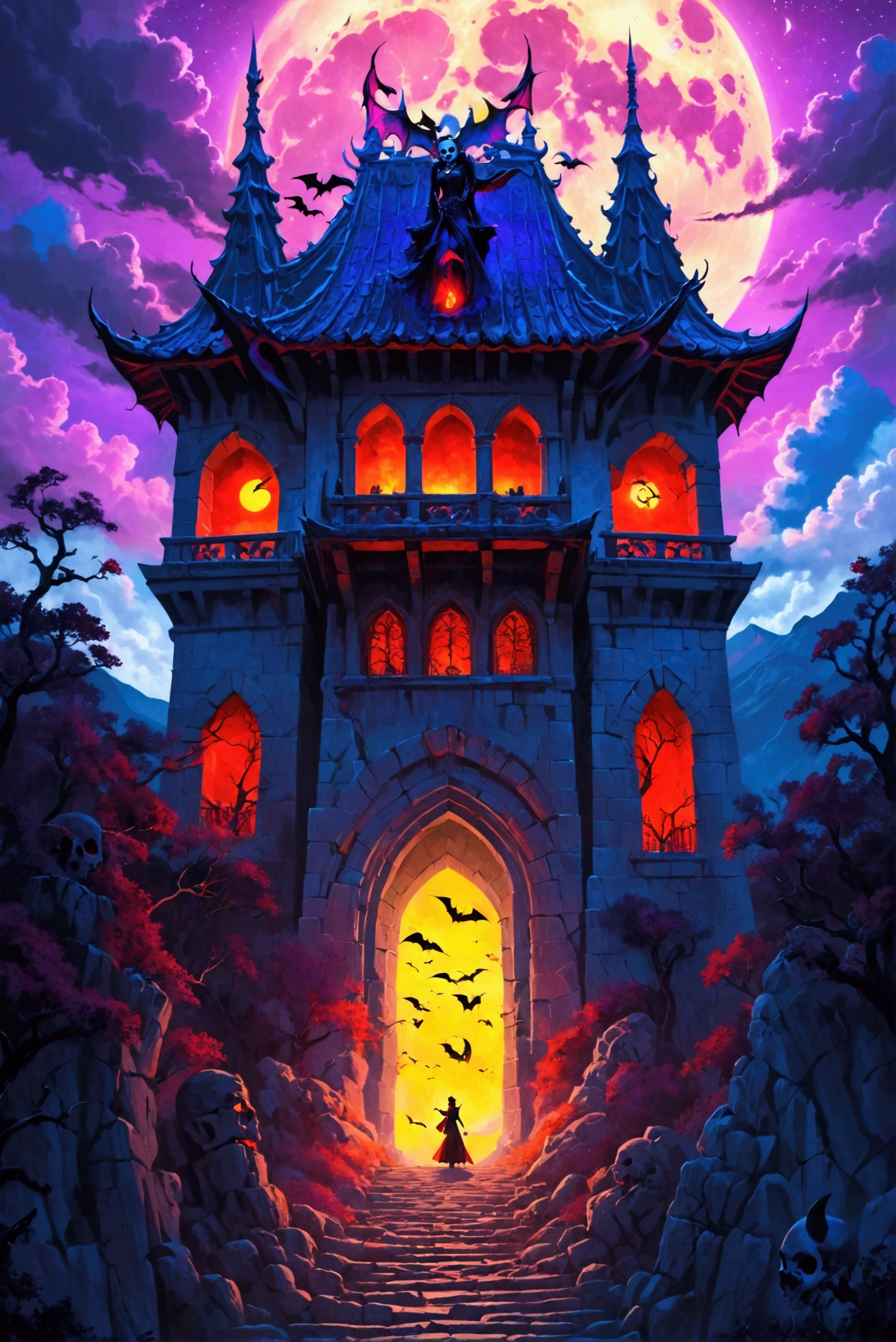  one woman　Tower entrance 　 is about to enter the female magician tower　 red eyes　Rear View Dead Tree 　creepy dark night sky 　 cloudy sky　The purple moon between clouds with a skull pattern 　In the mountains　 Gorgeous Very Tall Tower 　 Bats Are Flying 　 dragons are flying　 Surrounding Fire 　