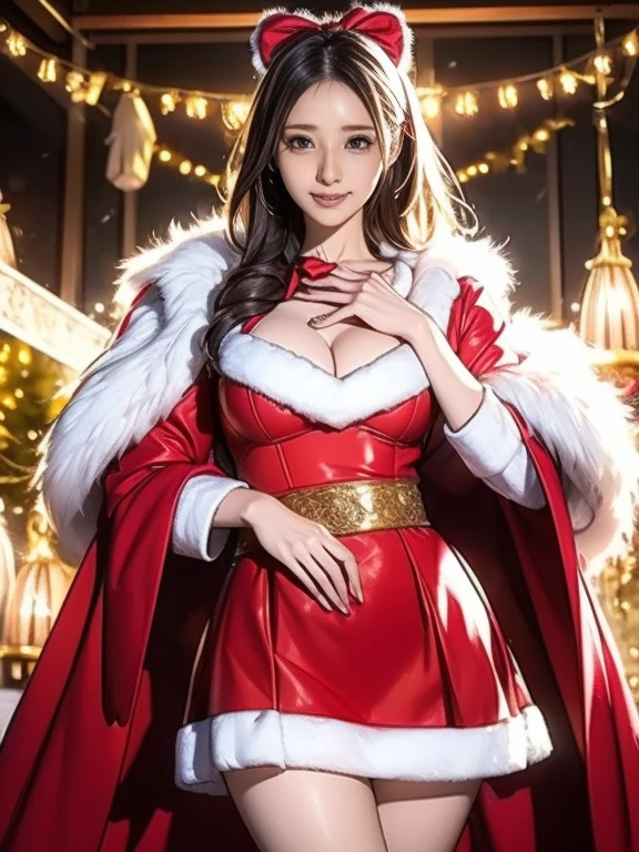  realistic pictures,  top quality,  beautiful thighs 。Festival Girl,  cheerful smile,  Red Velvet Cloak ,  White Fur Trim ,  Black Ribbon Bows , santa style costume, Holiday Themes , Playful pose,Chibi,  Sparkling Snowflake Decorations,  Vivid and Warm Atmosphere ,  Christmas atmosphere , Detailed Outfit Design 