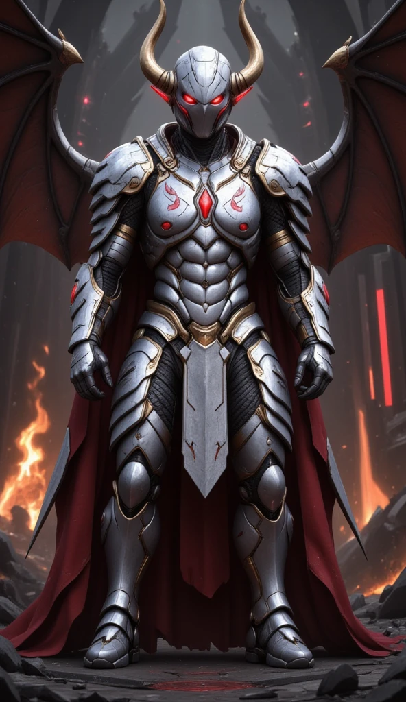  is possessed by a demon, a holy knight commander.A full-body image of an adult male . muscular body . wearing sacred white gold holy knight armor . Eyes Deep Red . standing inside a mysterious black and red church.Bold composition . full body image A deep red glow in the eyes。 He boldly stands in a mysterious black and red church ， composition underlines his majestic presence 。 lights are very striking ， shadows cast by him highlight his armor and the church's bizarre atmosphere ，Mecharobot，robot，Mecha， Cyberpunk 