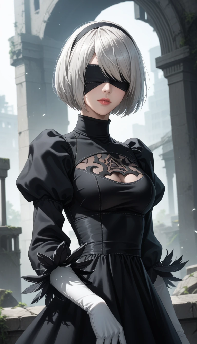 score_9, score_8_up, score_7_up, 32K,masterpiece,  top quality,   Photorealistic,  bright color,  chiaroscuro lighting ,
Nier Automata, 
 bob cut, Grey Hair, bangs, Blindfold,  pink lips,
 black goth dress ,  Long Sleeve ,   Juliet sleeves,  white gloves,  turtleneck , Feather ornament, Feather ornament sleeves,
Ruins,  devastated world, Devastated Battlefield,  picturesque ,  Beautiful Scenery , amazing night sky
Seductive poses,  cinematic angle,