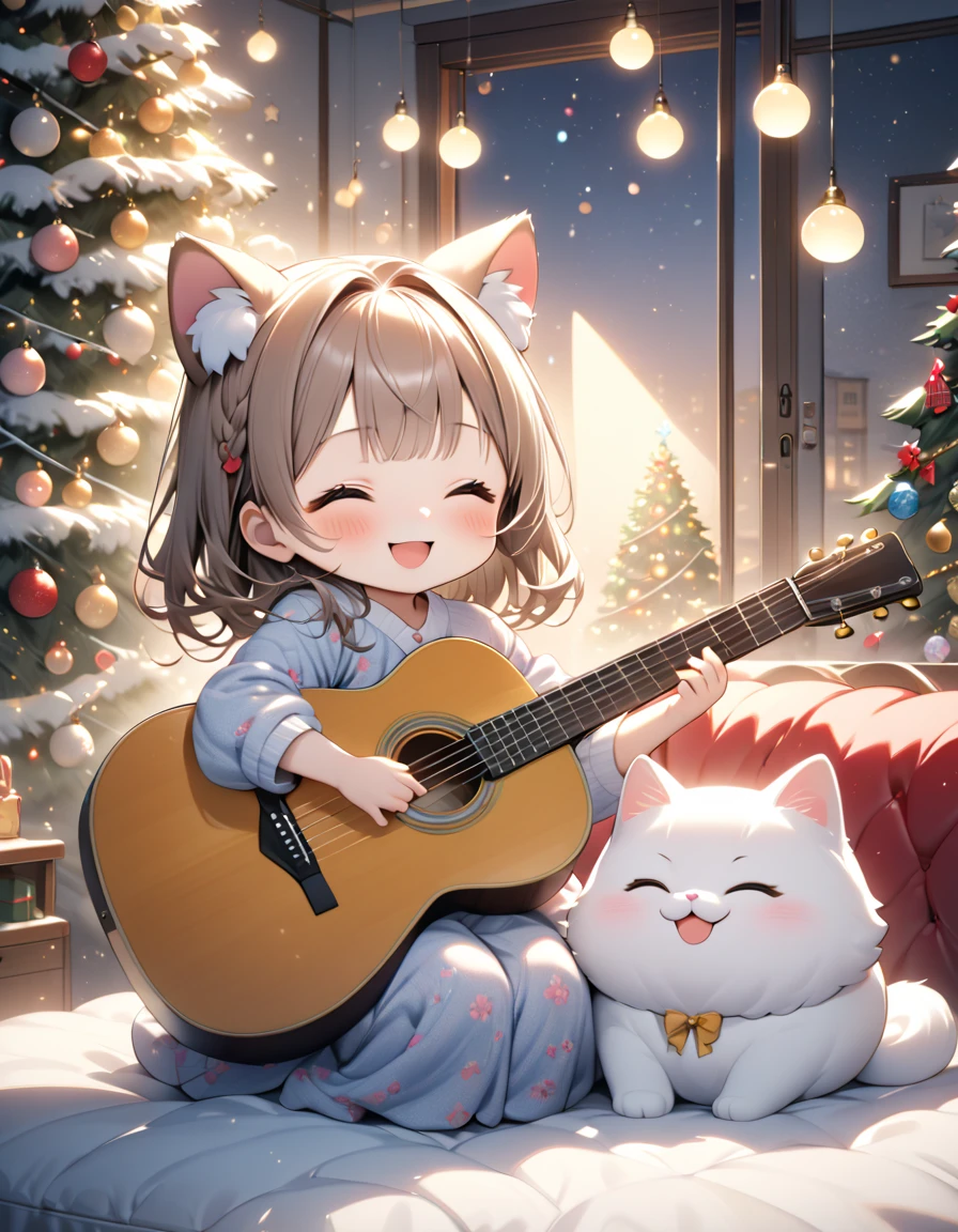 (masterpiece), (ultra-detailed, best quality, clear focus, dramatic scene, cinematic), shadow, (ultra-high resolution, 8k), perfect anatomy, perfect face, (detailed face), (detailed eye), (chibi), (5 fingers), cute Japanese chibi girl, famous Japanese chibi idol, very beautiful and cute and cool face, (wearing an cute winter room wear:1.2), (large breasts), (She is enjoying playing the acoustic guitar in her room:1.3), stylish furnishings, she is showing smile with closed eyes, she is sitting on the couch, (a very cute giant fat cat is mewing along with her guitar), professional lighting, (detailed very cute fluffy giant fat cat:1.3), they looks so happy, happy smile, (gorgeously decorated Christmas tree with shining Christmas lights), spectacular view of snowstorm through the window