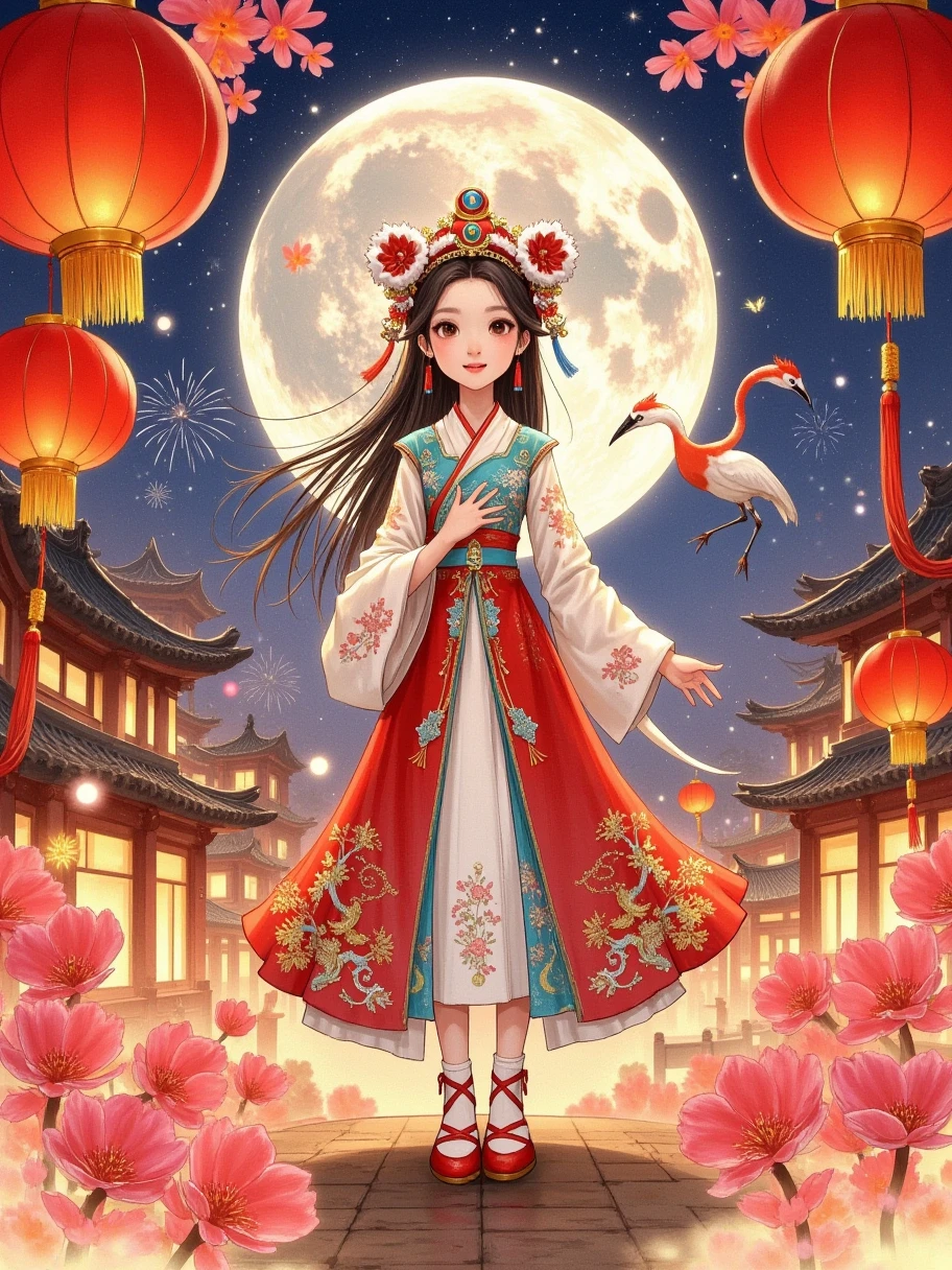  Romantic Style Illustration ，Mid-Autumn Festival Full Moon ， A beautiful and dignified girl standing in the center of the picture，solo，Gold Leaf，Gucci color scheme， Large areas of white ， pink flowers ， strange flowers and exotic plants ，rockery，peter gric，william morris，kay nielsen， Red-crowned Crane Focus ， centered on the main body ， minimal straight line structure ， Stunning Details ，New Gongbi，vivid colours，35mm，Depth of Field，Big scene， Song Style Aesthetics ， minimal straight line structure ， Tyndall Light，8k HD， Octane Rendering ，UHD，hdr