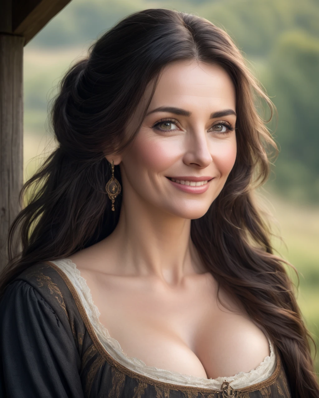 a portrait photograph of a pretty mid-age female, beautiful realistic photo, Look at 4K highly detailed art,  blush,  Big Breasts , look up, medieval European rural woman with dark hair,   very long hair,  widow、ベール、Mourning clothes、 Seductive Smile, 