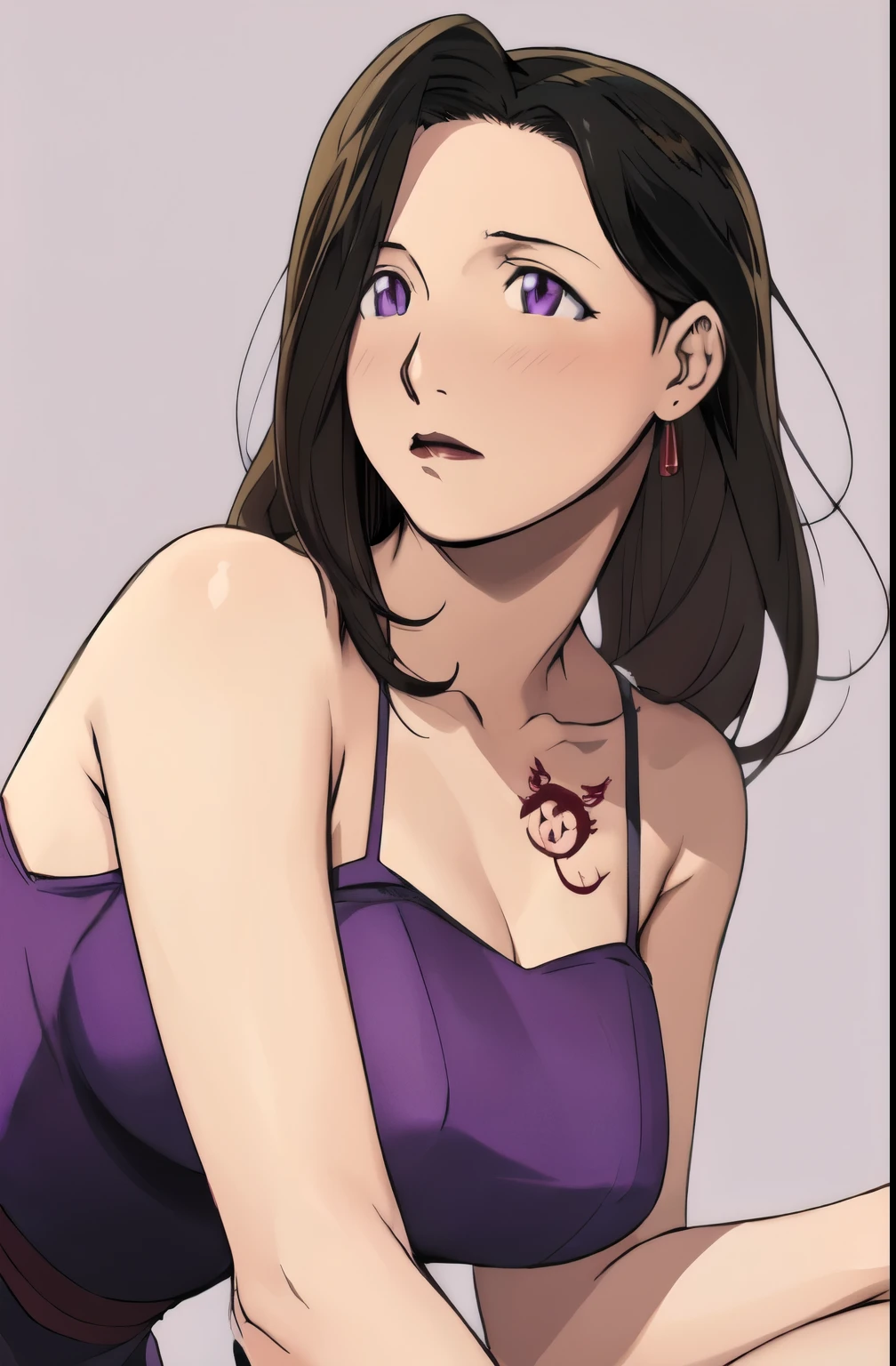 Fmasloth,  Purple  _  dress, sleeveless  dress, Bare shoulders, Bareneck,  stretch to the upper arms  ,  dark brown hair with open eyes ,  long hair,  Purple  eyes, masterpiece,  top quality,  absurd, Sweet expression、 blushing expression、 Fullmetal Alchemist style  ,  makes my breasts look bigger、I'm slapping
