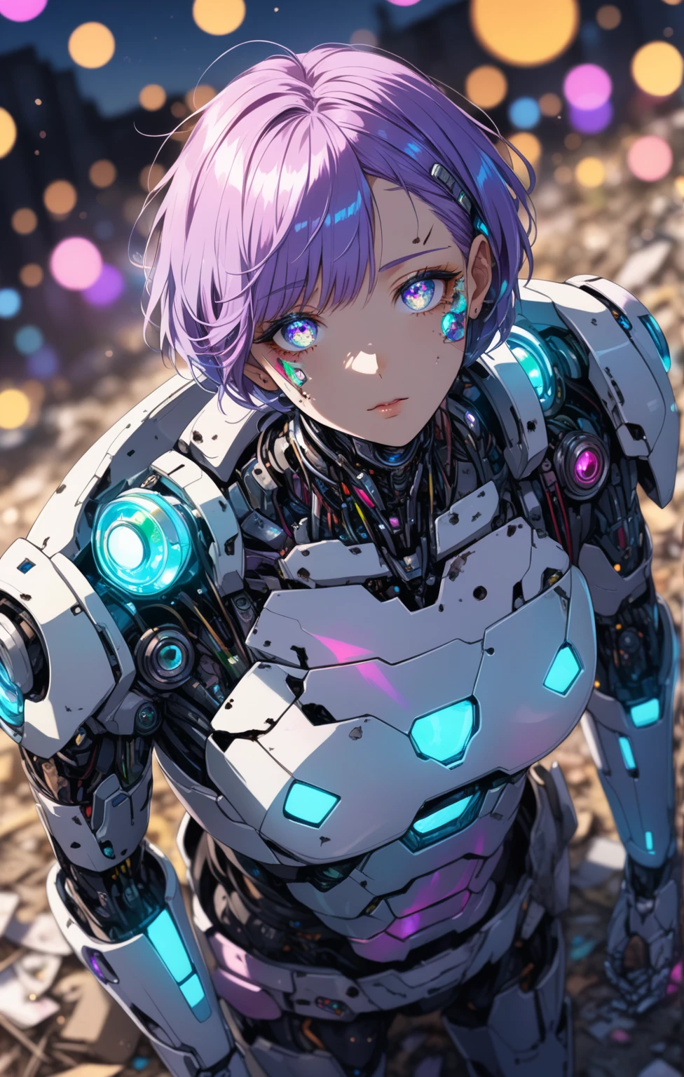 a broken ruined cyborg man in a landfill, robot, beautiful face, body is broken with scars and holes, laying on the ground, 8K, (dynamic perspective), sharp focus, (depth of field, bokeh:1.3), extremely detailed eyes and face, beautiful detailed eyes, hyperpunk scene, cinematic lighting, reflective transparent iridescent opaque jacket, long transparent iridescent RGB hair, ((masterpiece, best quality)), niji, from above, upper body, navel, sachin teng