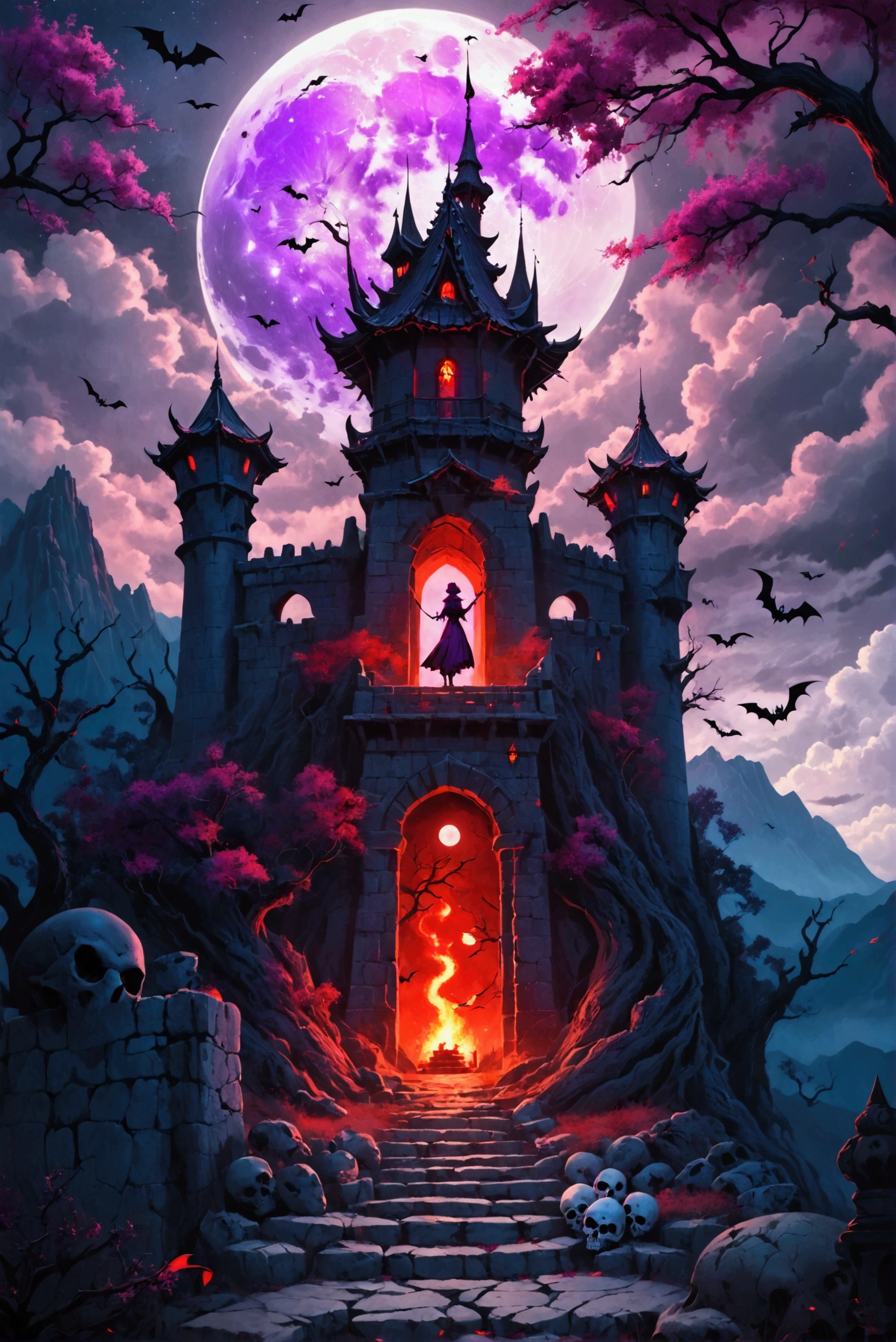  one woman　Tower entrance 　 is about to enter the female magician tower　 red eyes　Rear View Dead Tree 　creepy dark night sky 　 cloudy sky　The purple moon between clouds with a skull pattern 　In the mountains　 Gorgeous Very Tall Tower 　 Bats Are Flying 　 dragons are flying　 Surrounding Fire 　