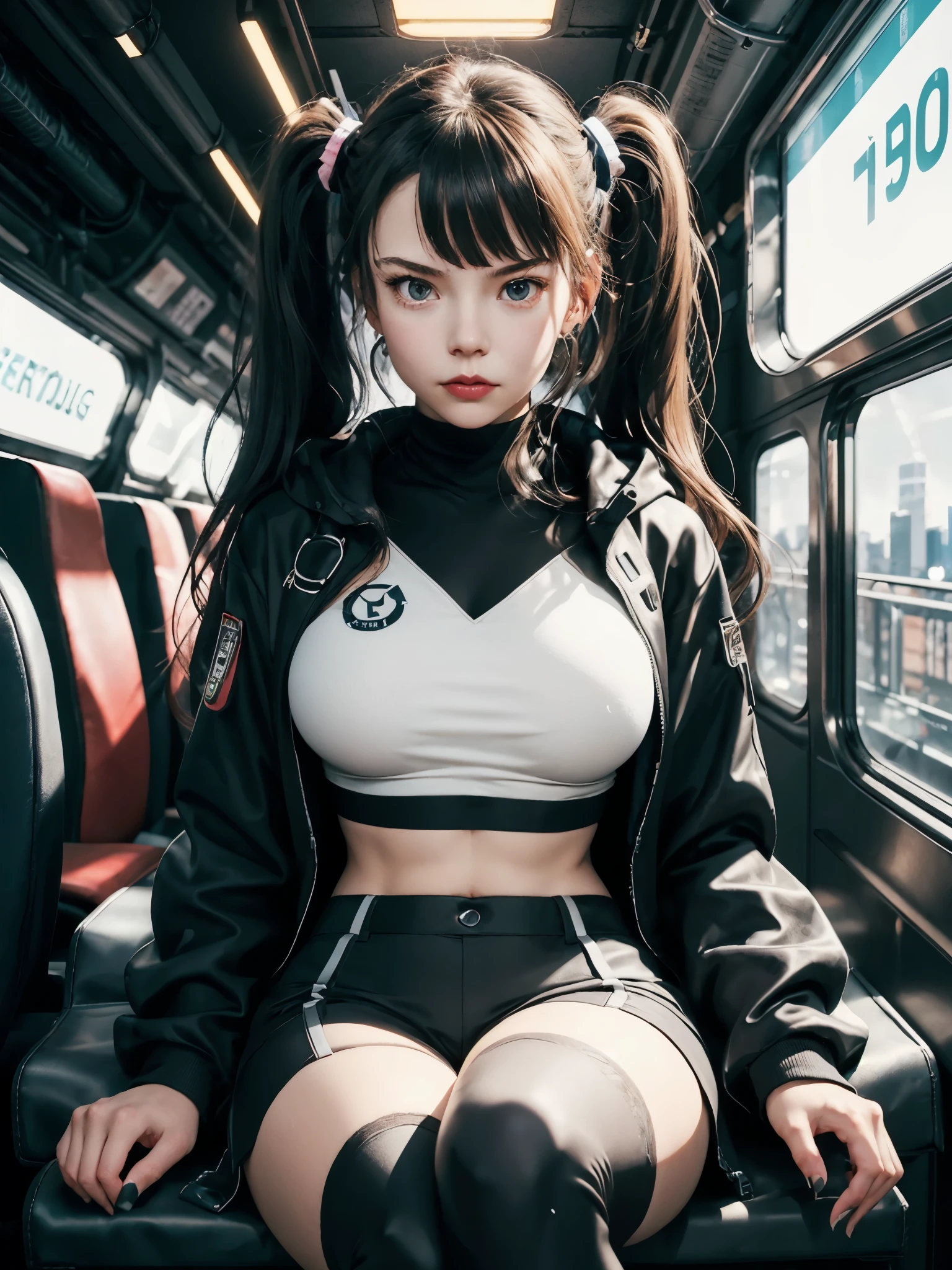 girl, (young, early teen, cute:1.8), sitting, crop oversized jacket, long puffy sleeve, big fur hoodie, turtle neck crop top, (breasts:1.2). stripes thighhighs, thighs, high twintails, bangs, looking at viewer, earring, train interior, wide windows, hyperrealistic, metallic, professional photography, futuristic, cybernetic, sci-fi, science fiction, cyberpunk, futuristic city, neon signs, highly detailed, detailed texture, high quality, realistic shadow, film grain, 