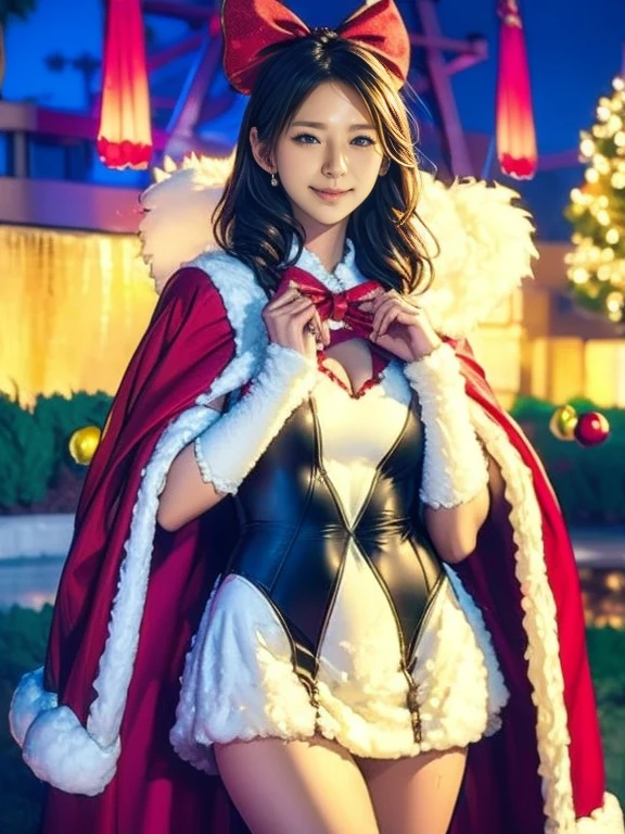  realistic pictures,  top quality,  beautiful thighs 。Festival Girl,  cheerful smile,  Red Velvet Cloak ,  White Fur Trim ,  Black Ribbon Bows , santa style costume, Holiday Themes , Playful pose,Chibi,  Sparkling Snowflake Decorations,  Vivid and Warm Atmosphere ,  Christmas atmosphere , Detailed Outfit Design 