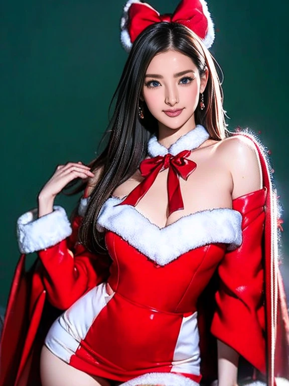  realistic pictures,  top quality,  beautiful thighs 。Festival Girl,  cheerful smile,  Red Velvet Cloak ,  White Fur Trim ,  Black Ribbon Bows , santa style costume, Holiday Themes , Playful pose,Chibi,  Sparkling Snowflake Decorations,  Vivid and Warm Atmosphere ,  Christmas atmosphere , Detailed Outfit Design 